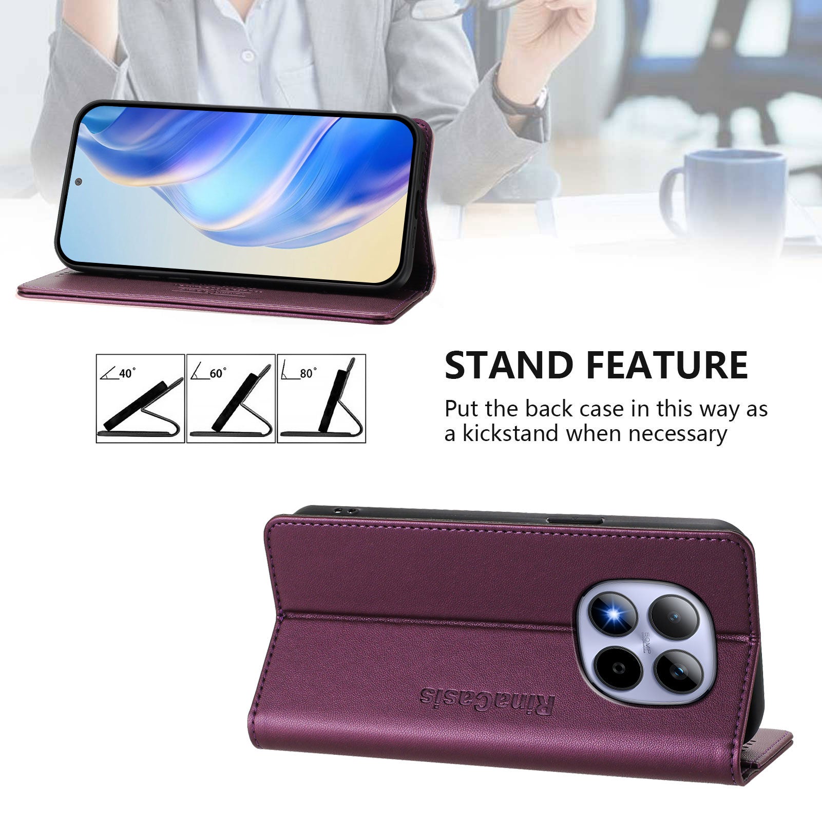 For Xiaomi Redmi Note 15 Pro 5G (Global) Leather Case RINACASIS RC01 Phone Cover with RFID Blocking Wallet Stand - Violet