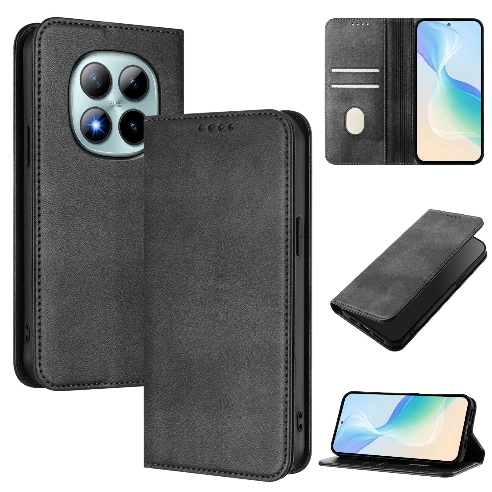 For Xiaomi Poco M8 Pro 5G / Redmi Note 15 Pro+ 5G (Global) Wallet Cases Retro Texture RFID Blocking Leather Phone Cover - Black