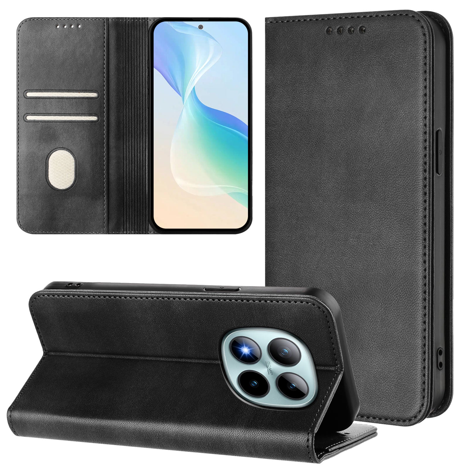 For Xiaomi Poco M8 Pro 5G / Redmi Note 15 Pro+ 5G (Global) Wallet Cases Retro Texture RFID Blocking Leather Phone Cover - Black