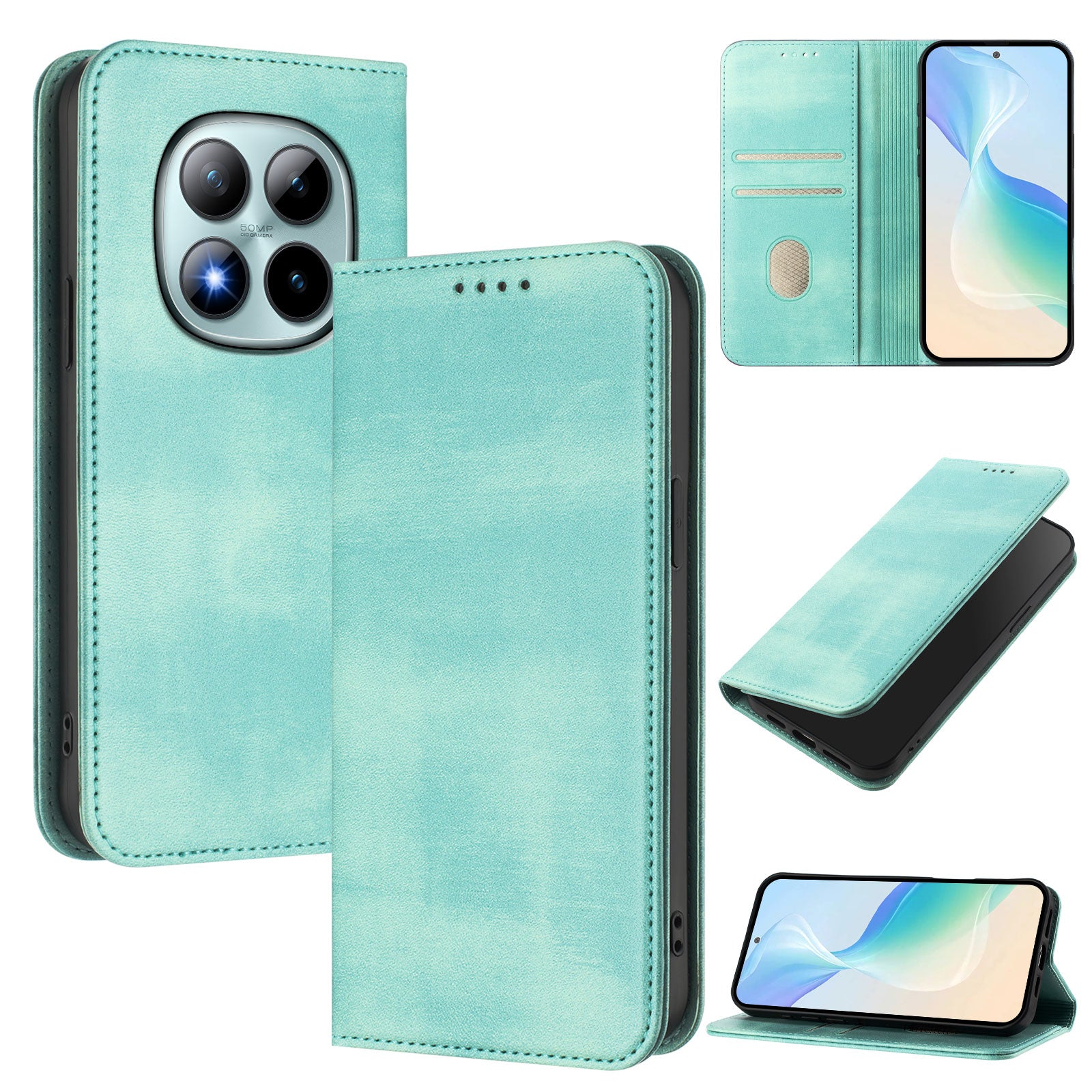 For Xiaomi Poco M8 Pro 5G / Redmi Note 15 Pro+ 5G (Global) Wallet Cases Retro Texture RFID Blocking Leather Phone Cover - Mint Green
