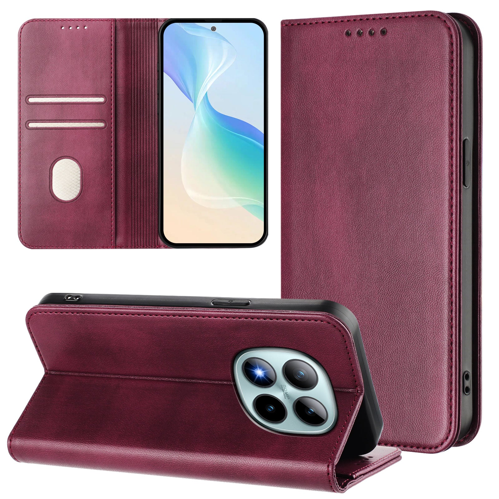 For Xiaomi Poco M8 Pro 5G / Redmi Note 15 Pro+ 5G (Global) Wallet Cases Retro Texture RFID Blocking Leather Phone Cover - Wine Red