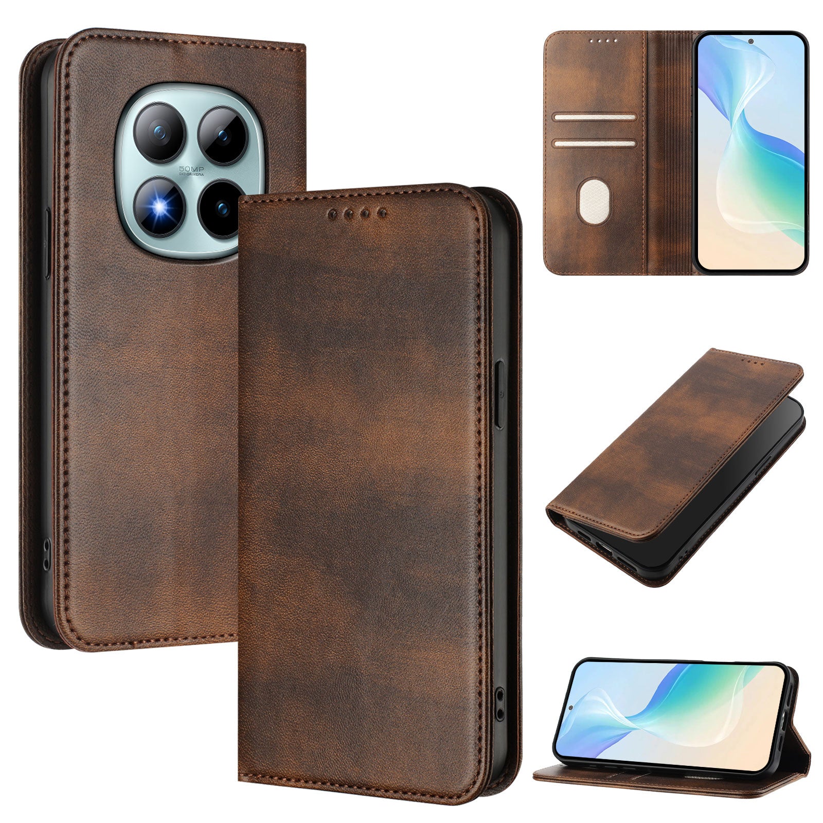 For Xiaomi Poco M8 Pro 5G / Redmi Note 15 Pro+ 5G (Global) Wallet Cases Retro Texture RFID Blocking Leather Phone Cover - Brown