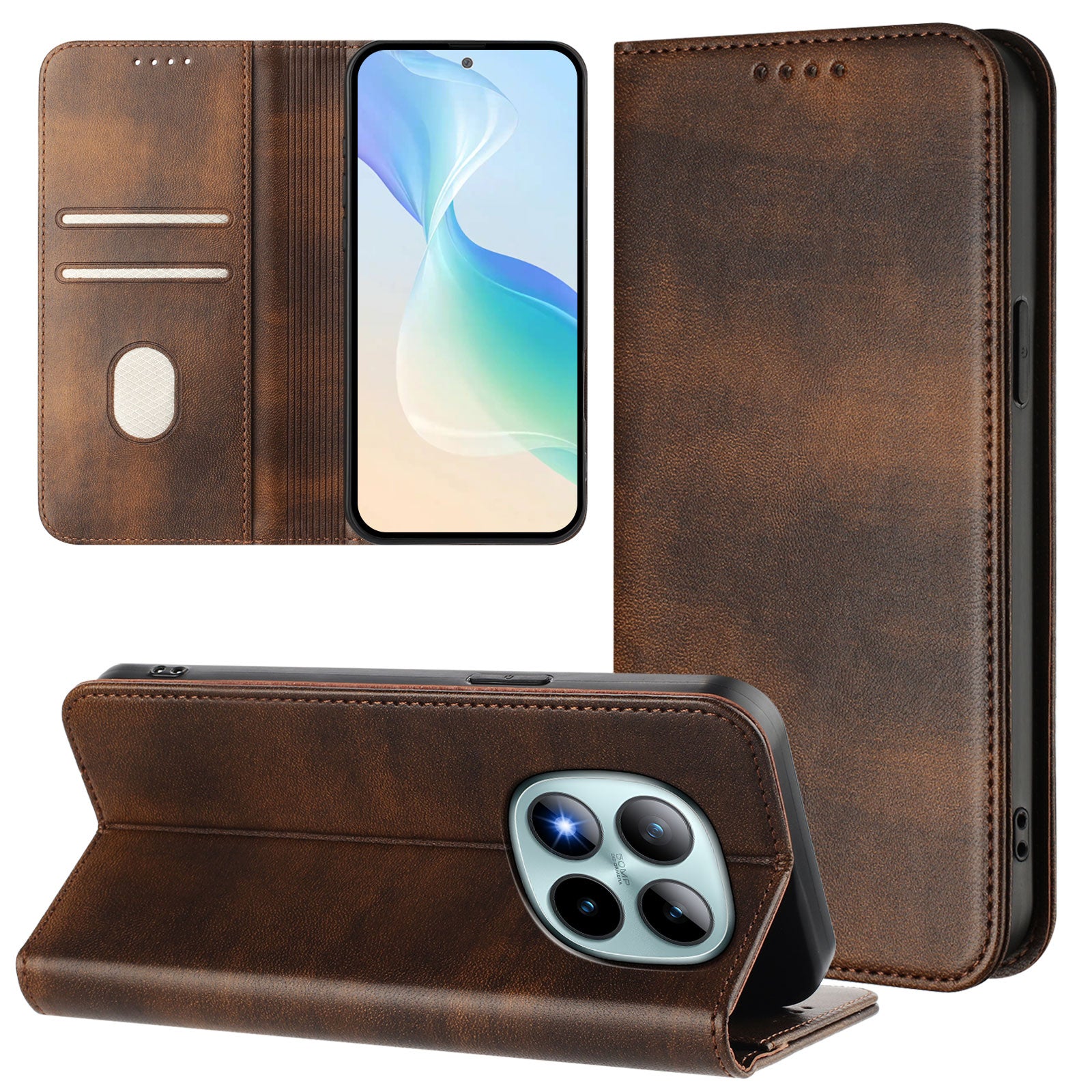 For Xiaomi Poco M8 Pro 5G / Redmi Note 15 Pro+ 5G (Global) Wallet Cases Retro Texture RFID Blocking Leather Phone Cover - Brown