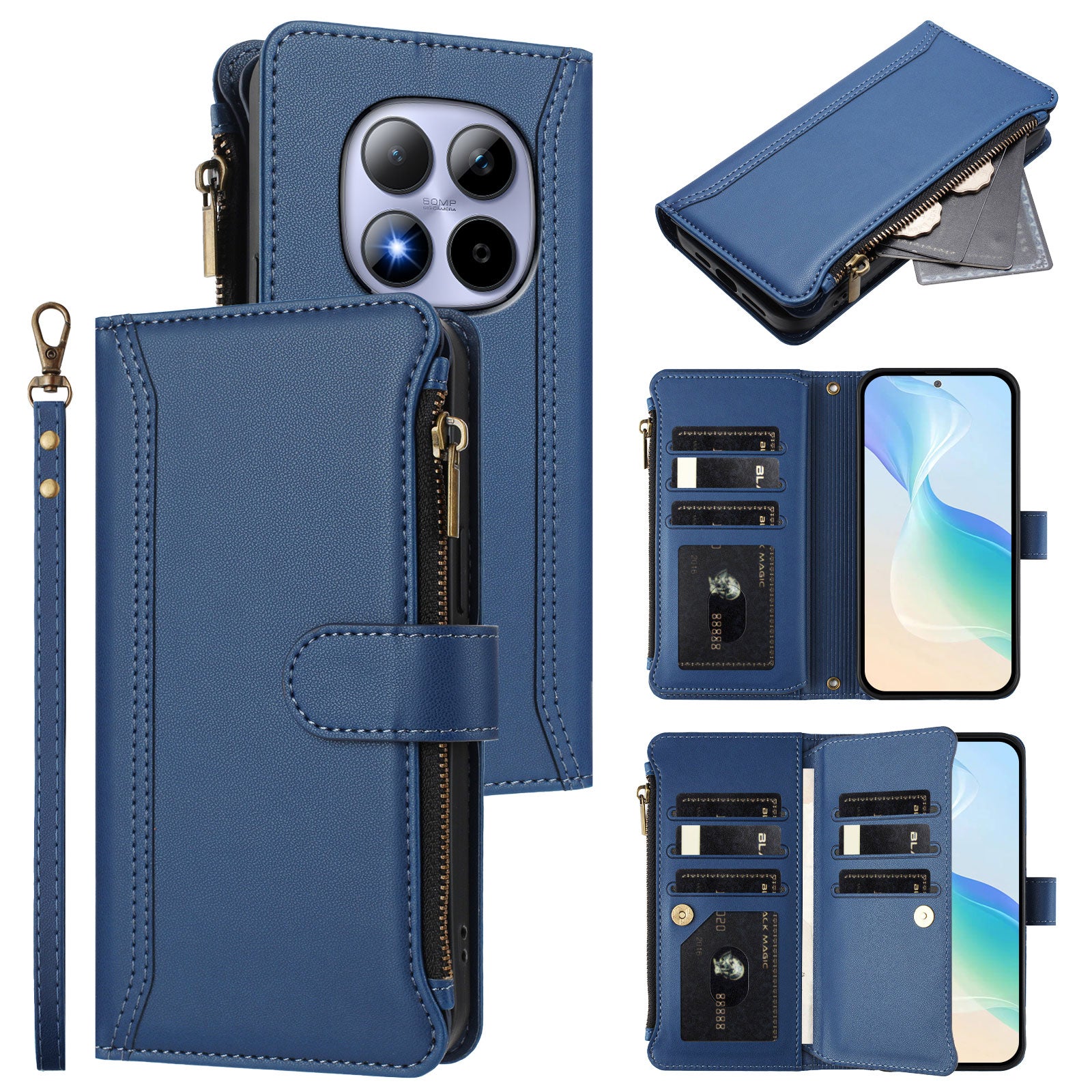 For Xiaomi Redmi Note 15 Pro 5G (Global) Leather Case 9 Card Slots Zipper Wallet Stand Phone Cover with Wrist Strap - Dark Blue