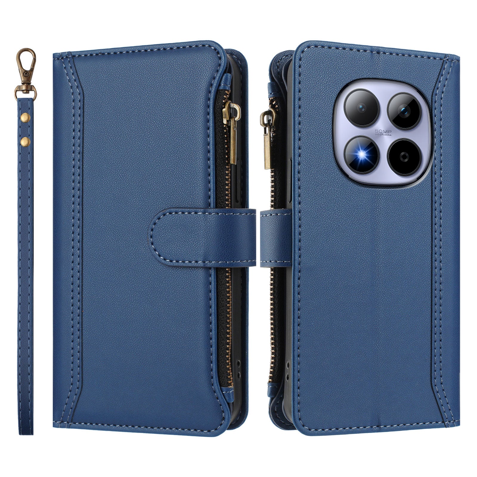 For Xiaomi Redmi Note 15 Pro 5G (Global) Leather Case 9 Card Slots Zipper Wallet Stand Phone Cover with Wrist Strap - Dark Blue