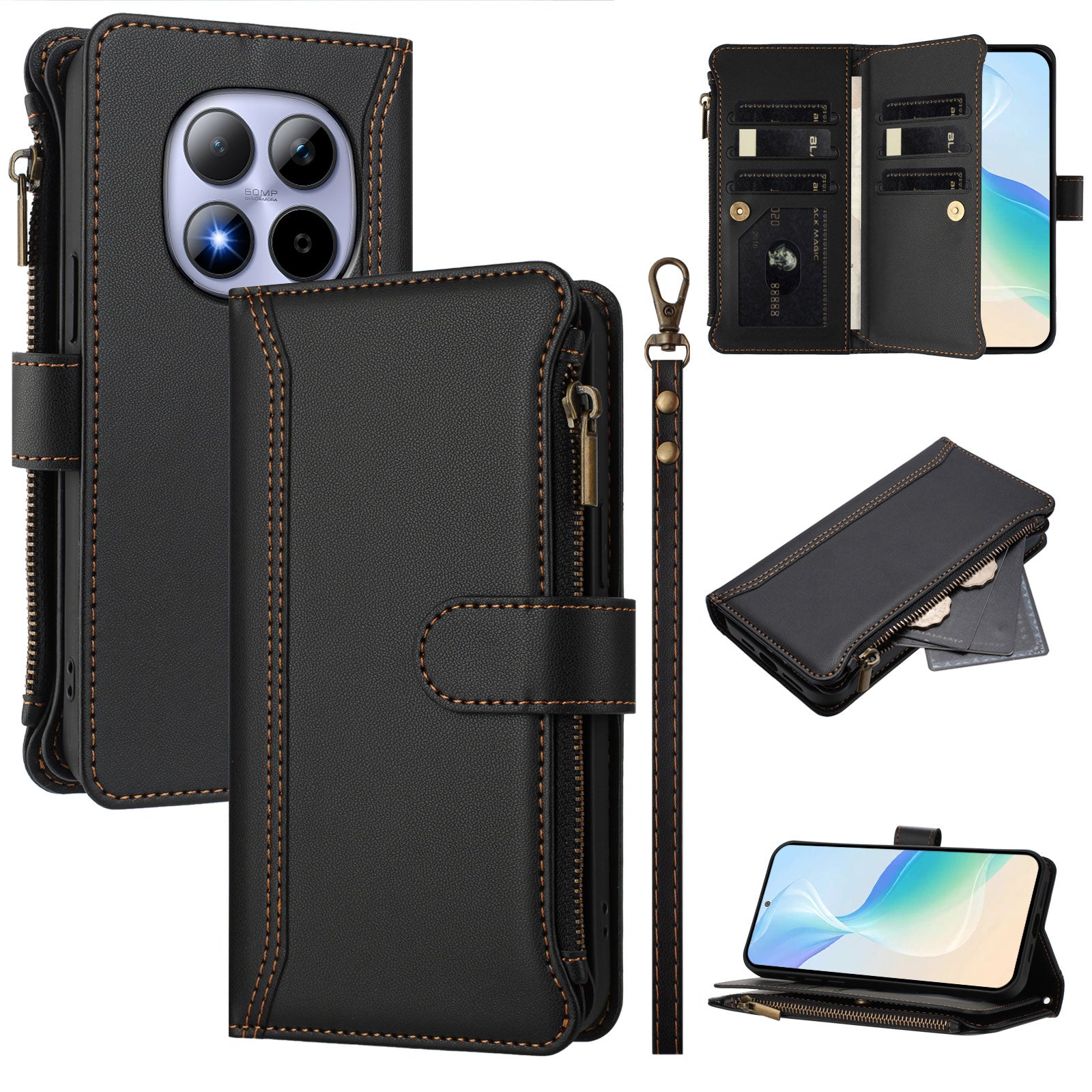 For Xiaomi Redmi Note 15 Pro 5G (Global) Leather Case 9 Card Slots Zipper Wallet Stand Phone Cover with Wrist Strap - Black