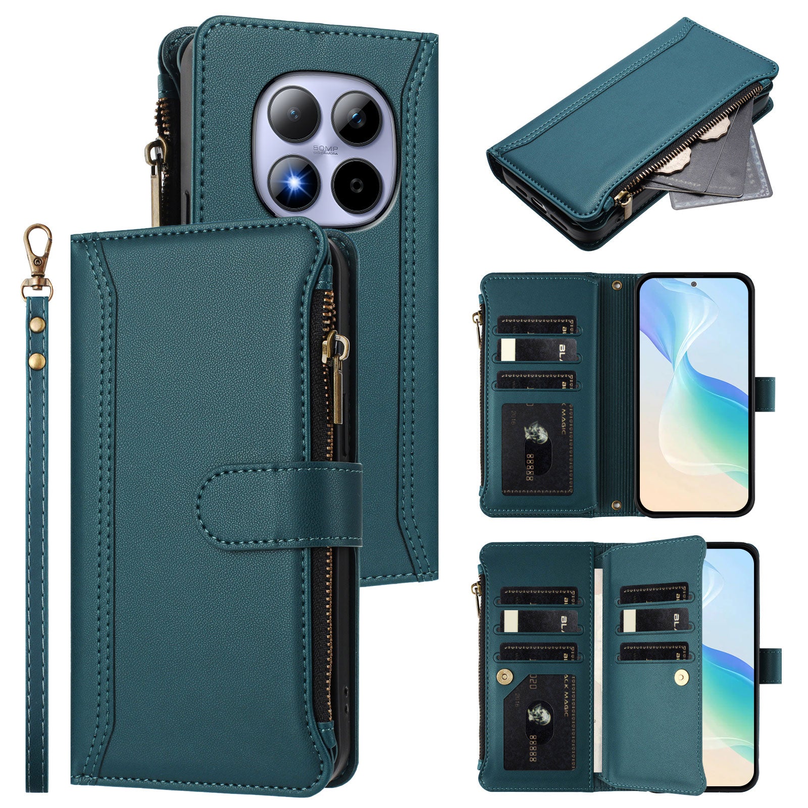 For Xiaomi Redmi Note 15 Pro 5G (Global) Leather Case 9 Card Slots Zipper Wallet Stand Phone Cover with Wrist Strap - Dark Green