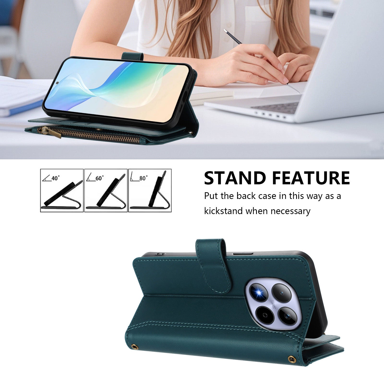 For Xiaomi Redmi Note 15 Pro 5G (Global) Leather Case 9 Card Slots Zipper Wallet Stand Phone Cover with Wrist Strap - Dark Green