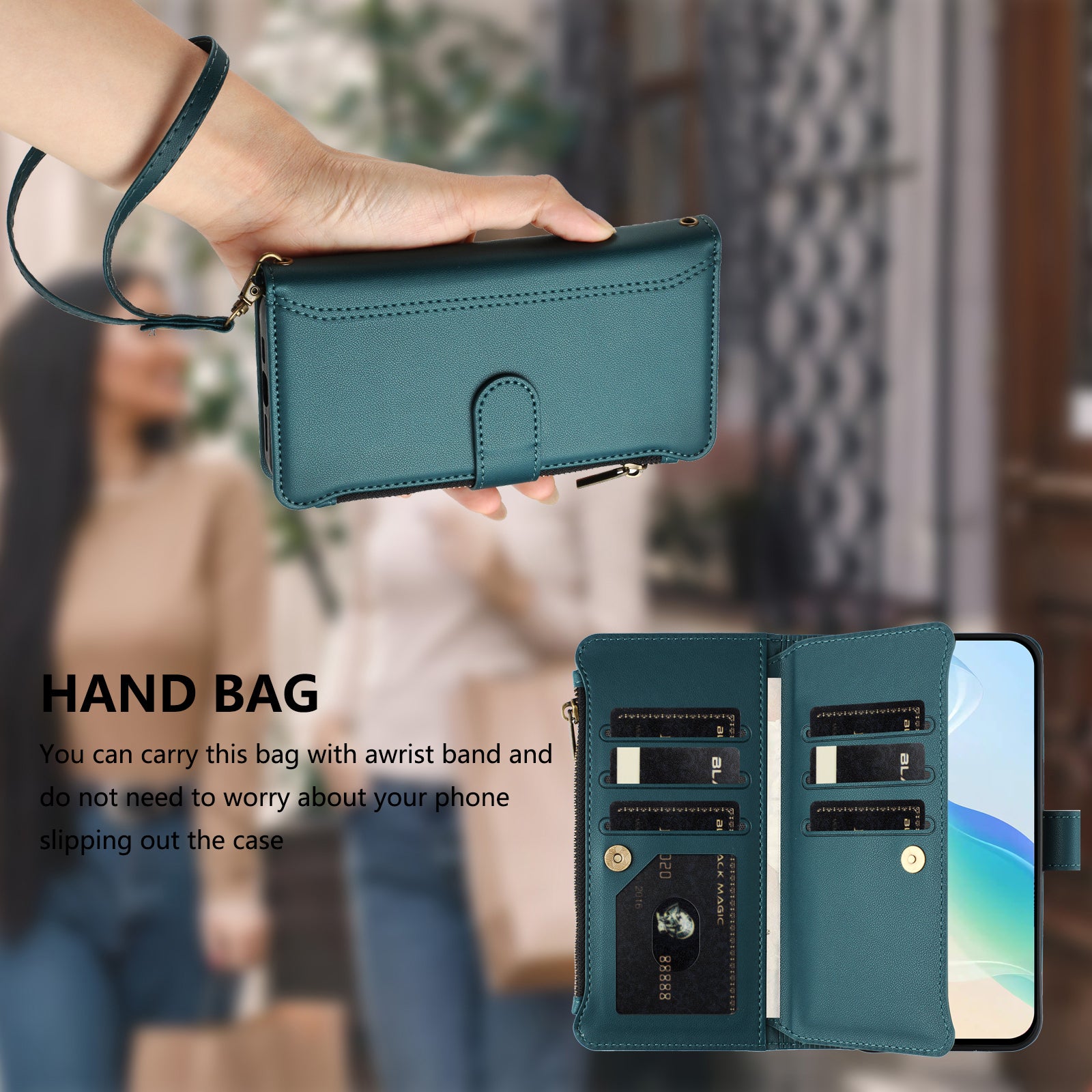For Xiaomi Redmi Note 15 Pro 5G (Global) Leather Case 9 Card Slots Zipper Wallet Stand Phone Cover with Wrist Strap - Dark Green