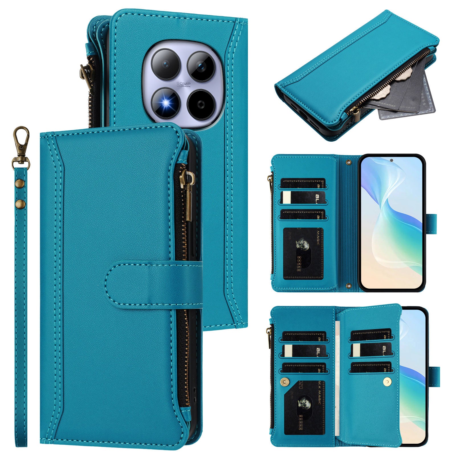 For Xiaomi Redmi Note 15 Pro 5G (Global) Leather Case 9 Card Slots Zipper Wallet Stand Phone Cover with Wrist Strap - Lake Blue