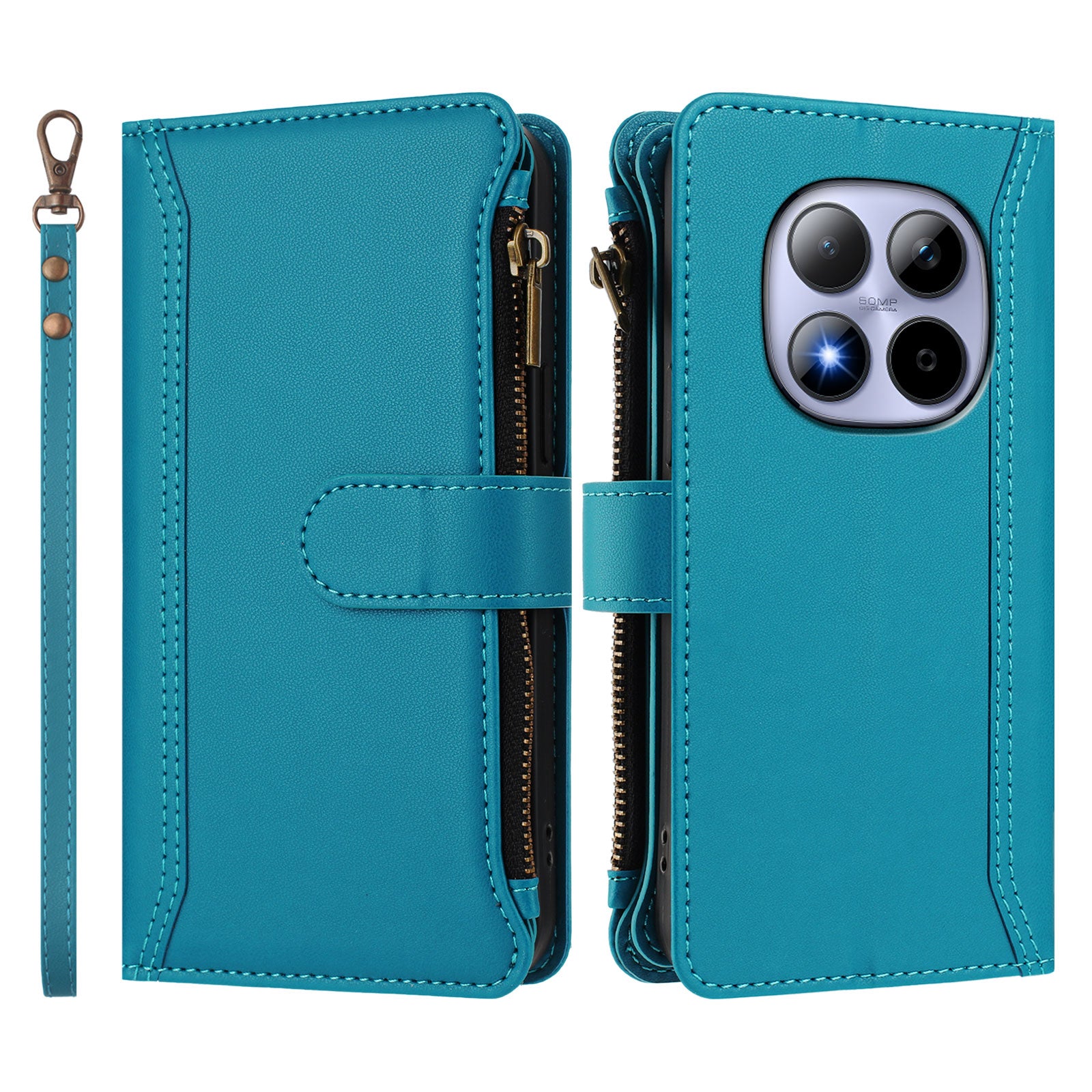 For Xiaomi Redmi Note 15 Pro 5G (Global) Leather Case 9 Card Slots Zipper Wallet Stand Phone Cover with Wrist Strap - Lake Blue