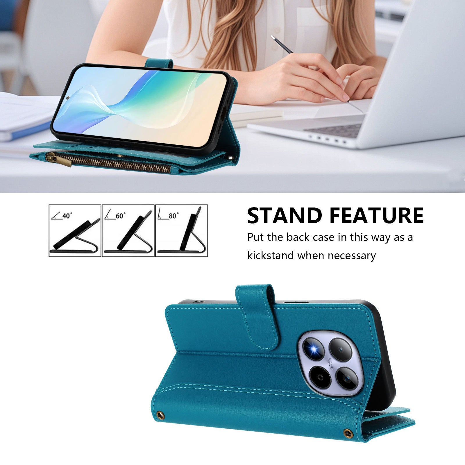 For Xiaomi Redmi Note 15 Pro 5G (Global) Leather Case 9 Card Slots Zipper Wallet Stand Phone Cover with Wrist Strap - Lake Blue