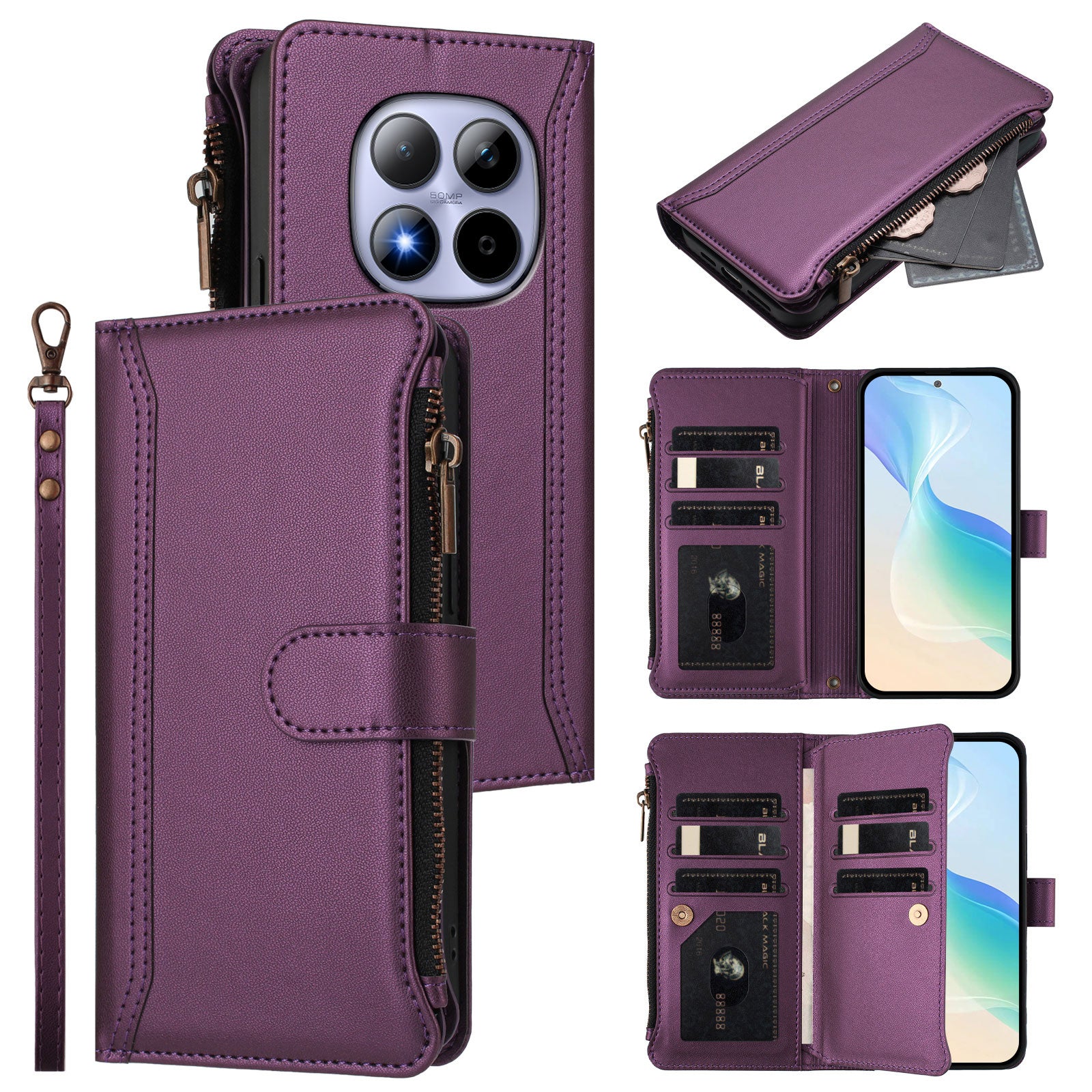 For Xiaomi Redmi Note 15 Pro 5G (Global) Leather Case 9 Card Slots Zipper Wallet Stand Phone Cover with Wrist Strap - Purple