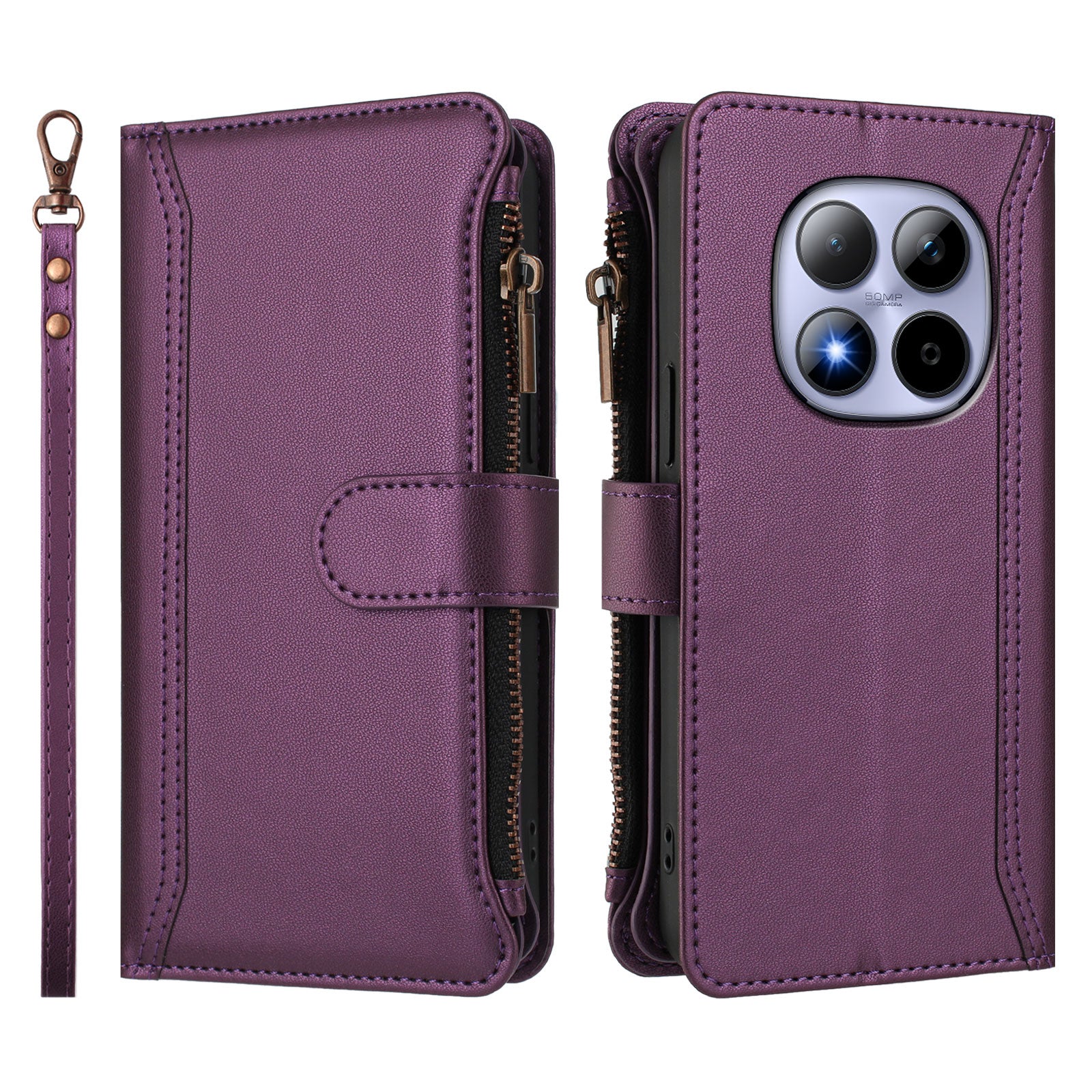 For Xiaomi Redmi Note 15 Pro 5G (Global) Leather Case 9 Card Slots Zipper Wallet Stand Phone Cover with Wrist Strap - Purple