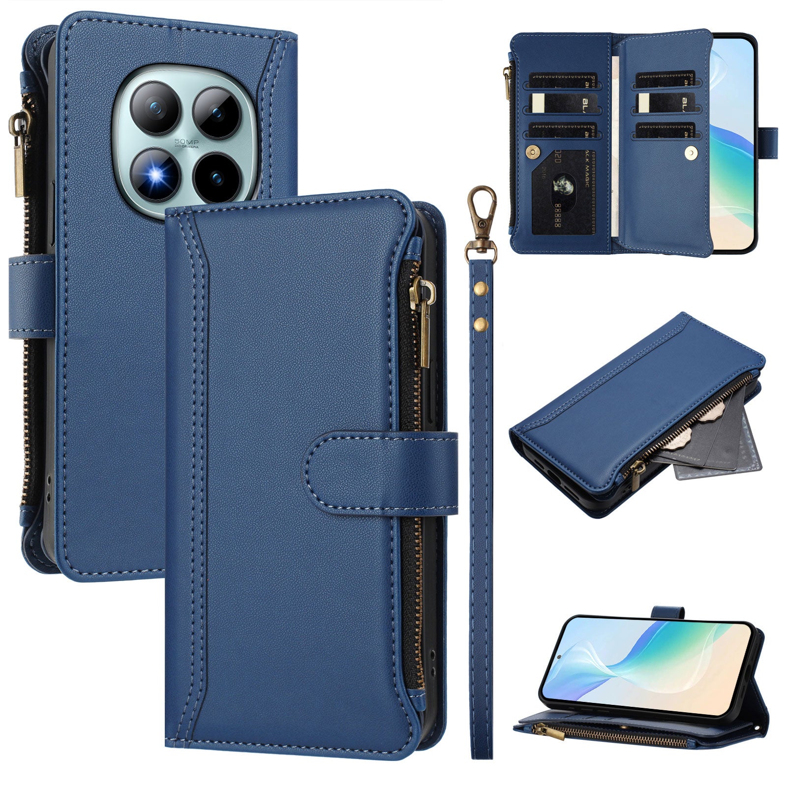 For Xiaomi Poco M8 Pro 5G / Redmi Note 15 Pro+ 5G (Global) Leather Case 9 Card Slots Zipper Wallet Stand Phone Cover with Wrist Strap - Dark Blue