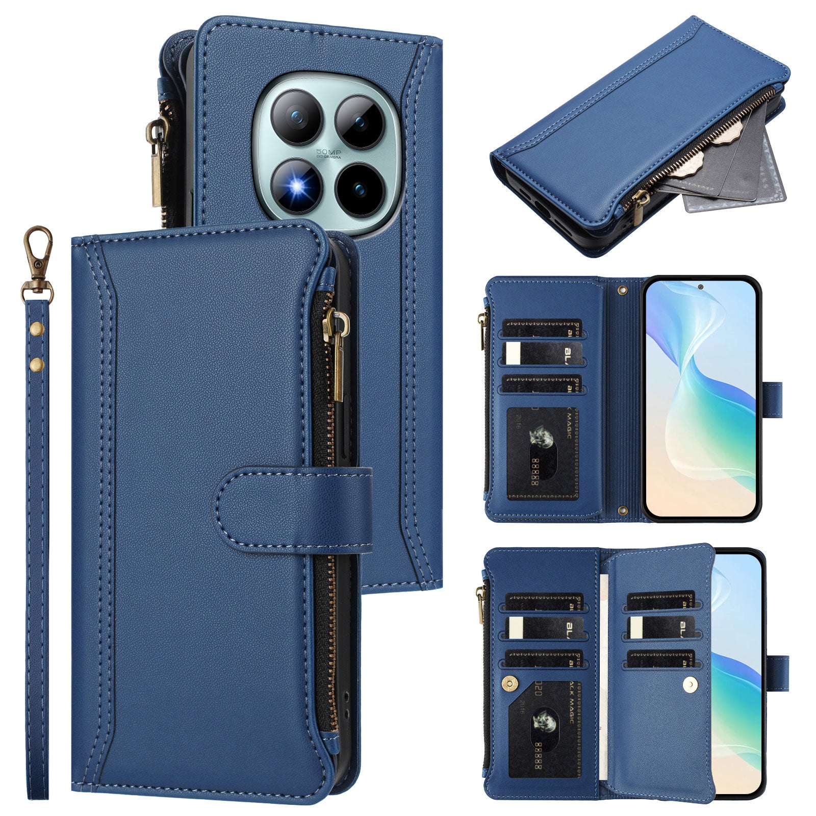 For Xiaomi Poco M8 Pro 5G / Redmi Note 15 Pro+ 5G (Global) Leather Case 9 Card Slots Zipper Wallet Stand Phone Cover with Wrist Strap - Dark Blue