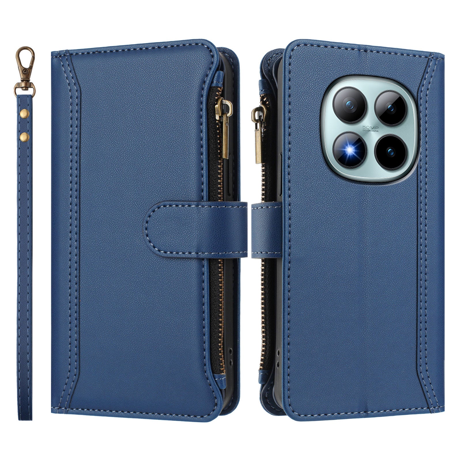 For Xiaomi Poco M8 Pro 5G / Redmi Note 15 Pro+ 5G (Global) Leather Case 9 Card Slots Zipper Wallet Stand Phone Cover with Wrist Strap - Dark Blue