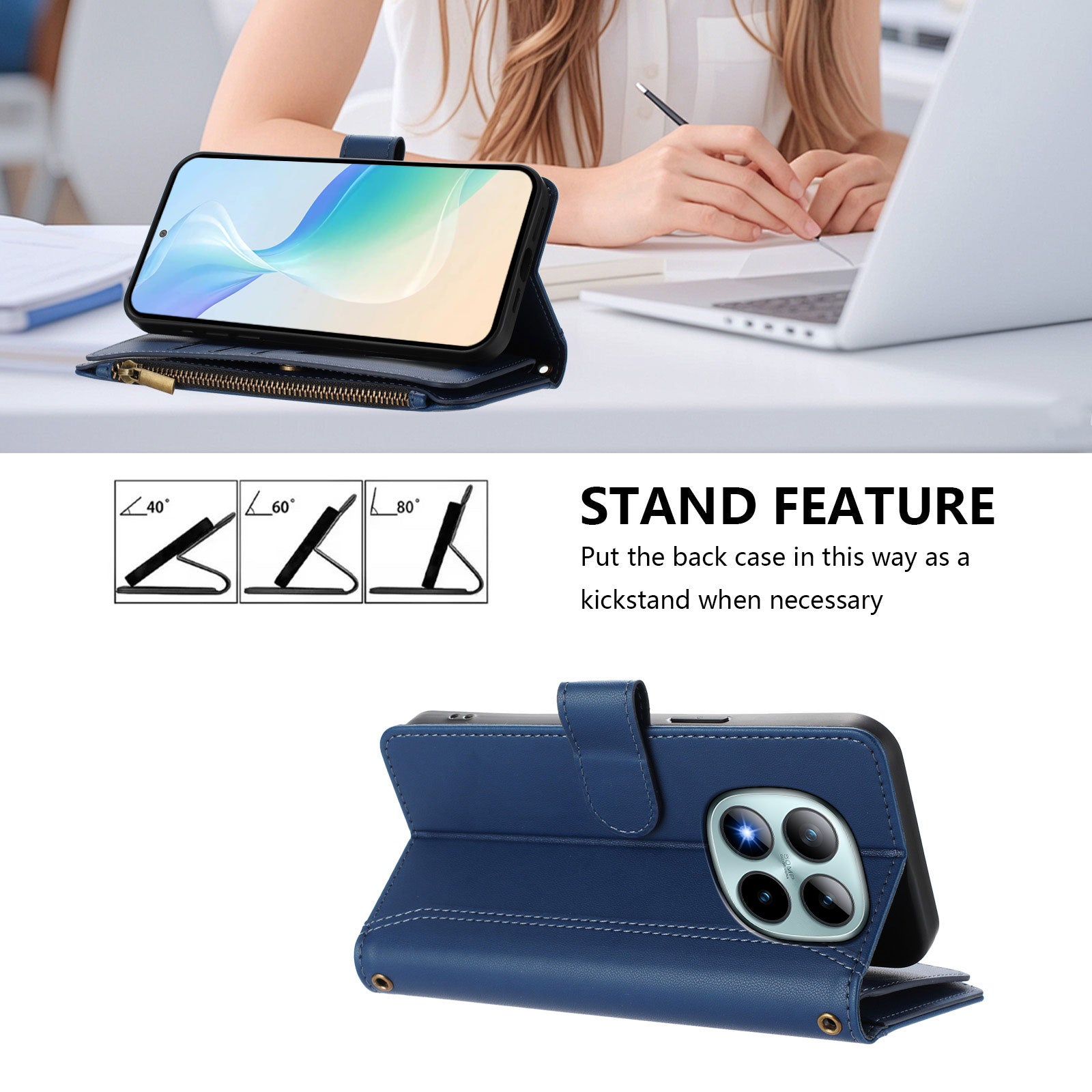 For Xiaomi Poco M8 Pro 5G / Redmi Note 15 Pro+ 5G (Global) Leather Case 9 Card Slots Zipper Wallet Stand Phone Cover with Wrist Strap - Dark Blue
