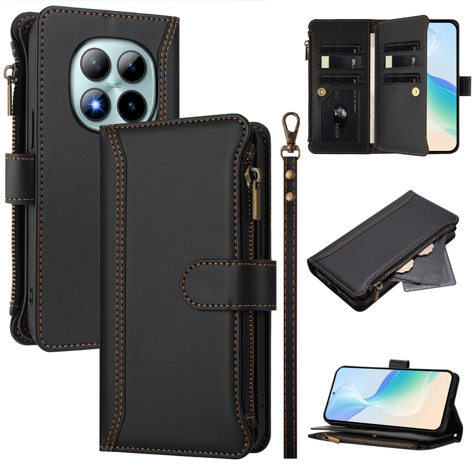 For Xiaomi Poco M8 Pro 5G / Redmi Note 15 Pro+ 5G (Global) Leather Case 9 Card Slots Zipper Wallet Stand Phone Cover with Wrist Strap - Black