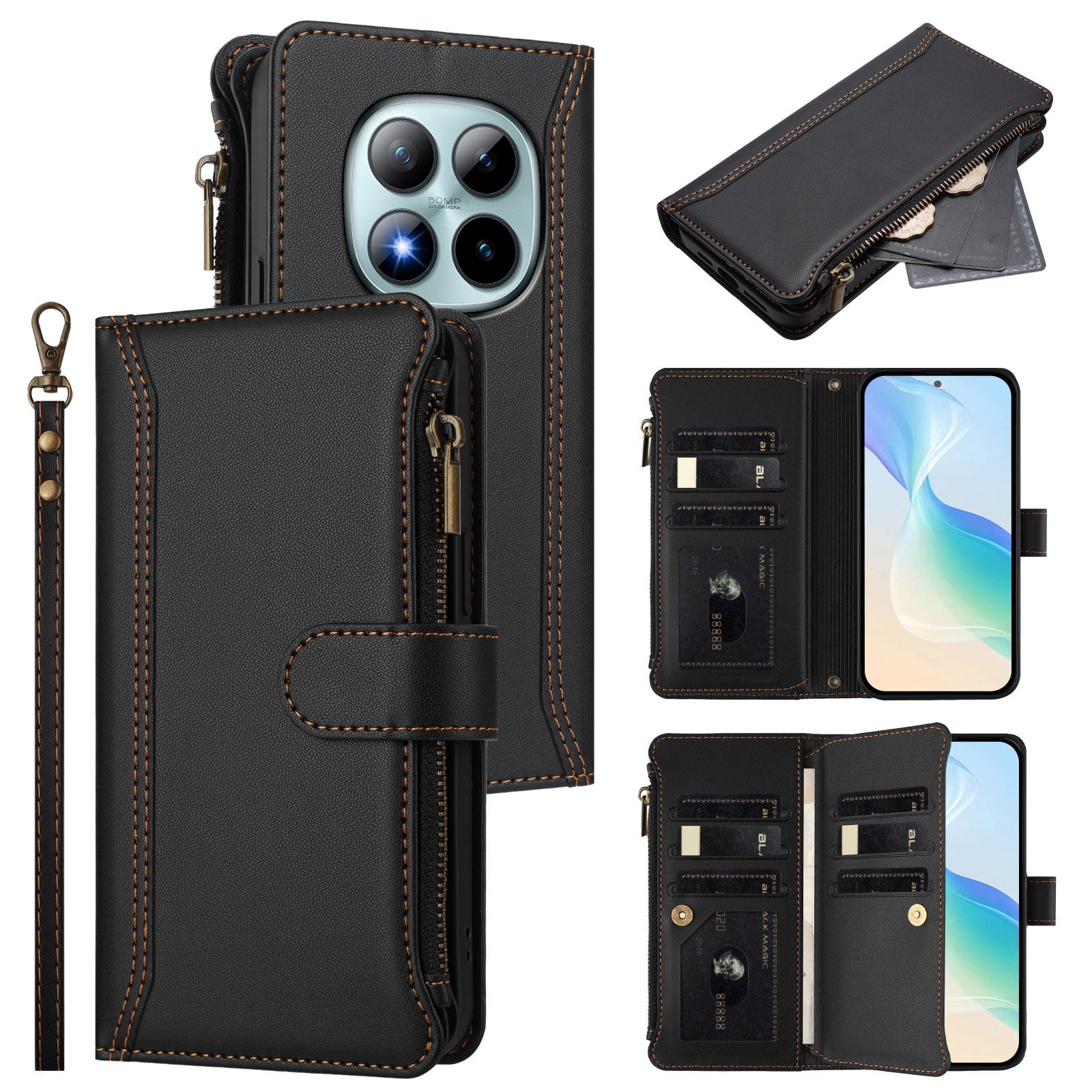 For Xiaomi Poco M8 Pro 5G / Redmi Note 15 Pro+ 5G (Global) Leather Case 9 Card Slots Zipper Wallet Stand Phone Cover with Wrist Strap - Black