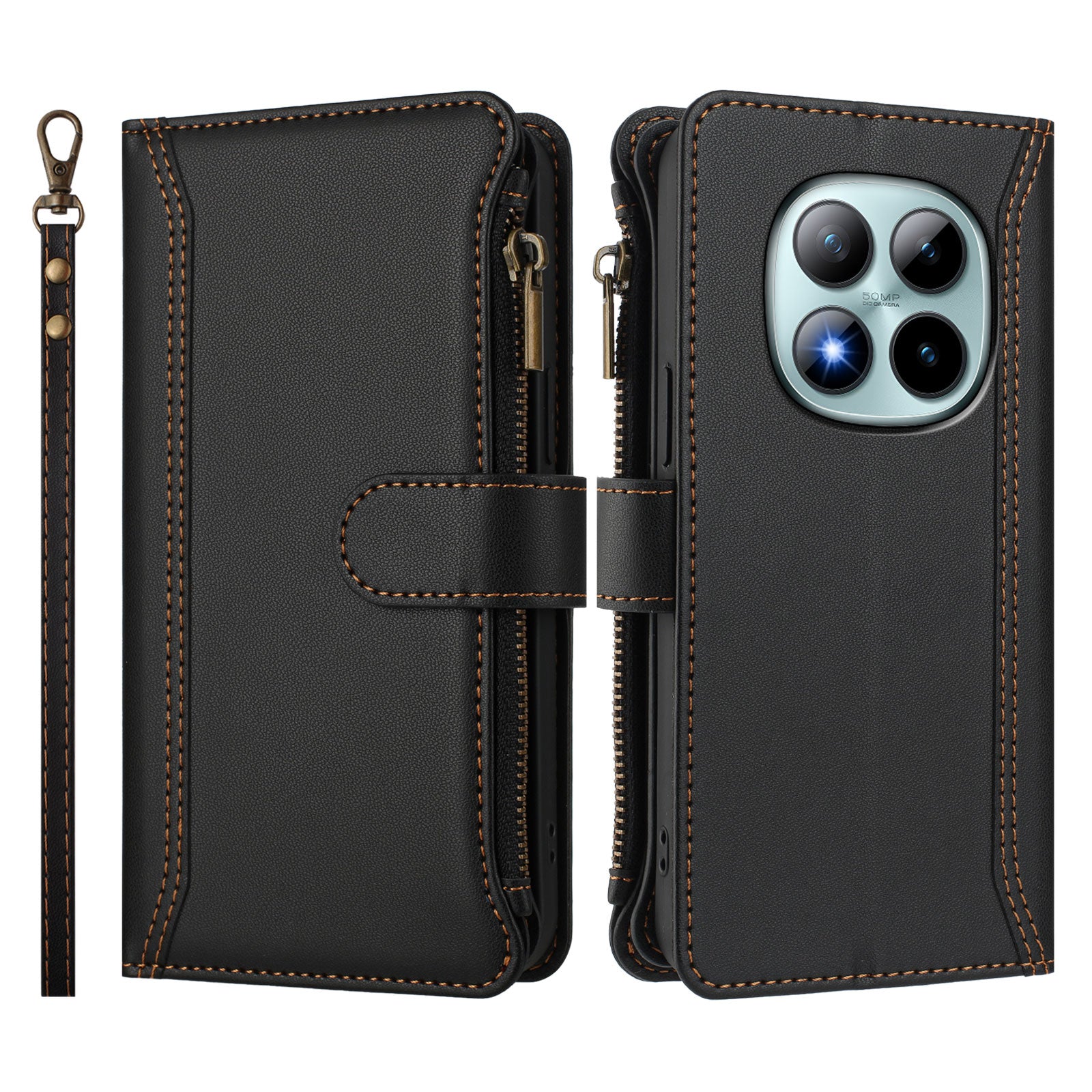 For Xiaomi Poco M8 Pro 5G / Redmi Note 15 Pro+ 5G (Global) Leather Case 9 Card Slots Zipper Wallet Stand Phone Cover with Wrist Strap - Black