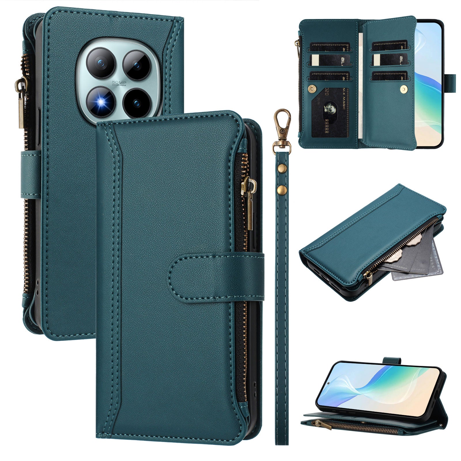 For Xiaomi Poco M8 Pro 5G / Redmi Note 15 Pro+ 5G (Global) Leather Case 9 Card Slots Zipper Wallet Stand Phone Cover with Wrist Strap - Dark Green