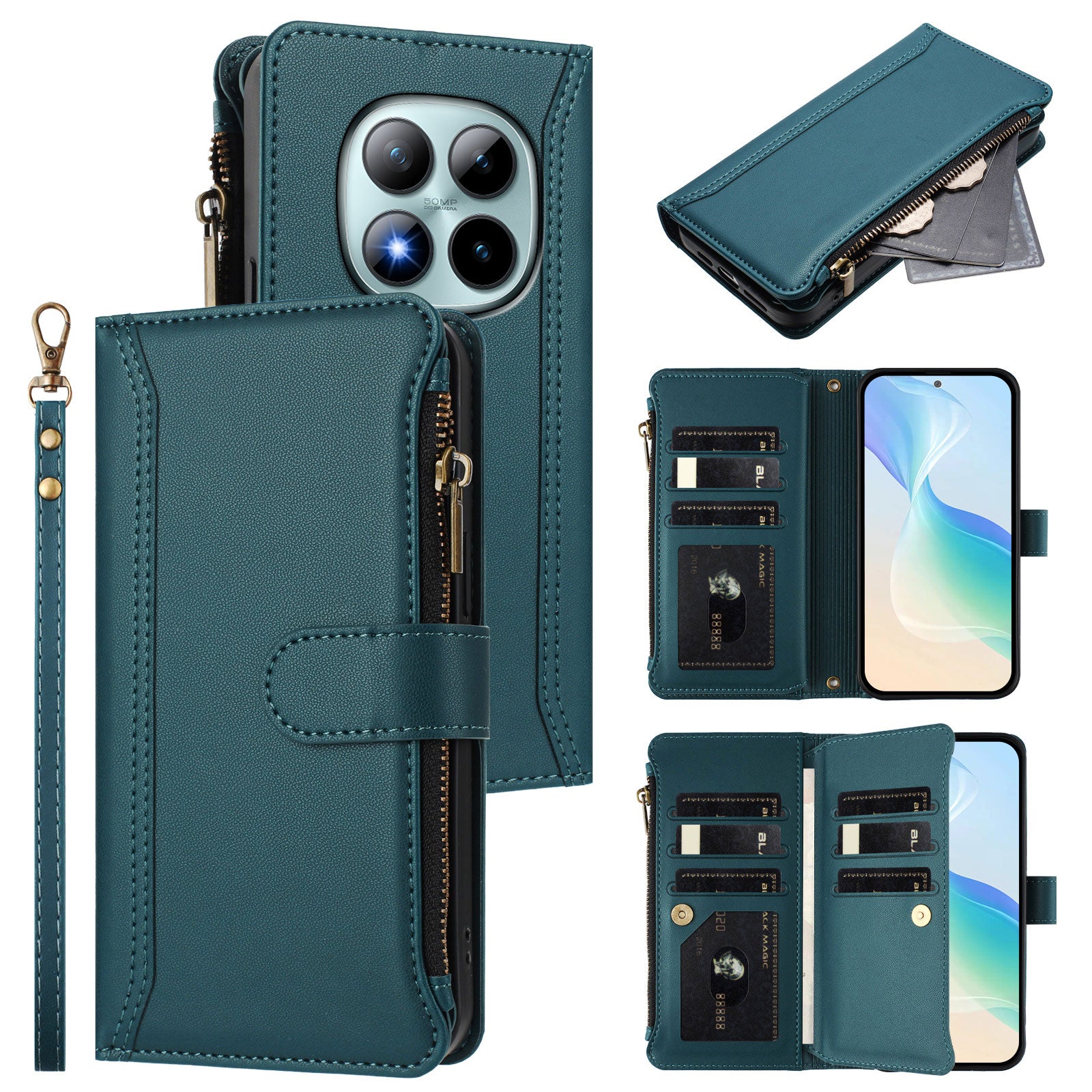 For Xiaomi Poco M8 Pro 5G / Redmi Note 15 Pro+ 5G (Global) Leather Case 9 Card Slots Zipper Wallet Stand Phone Cover with Wrist Strap - Dark Green