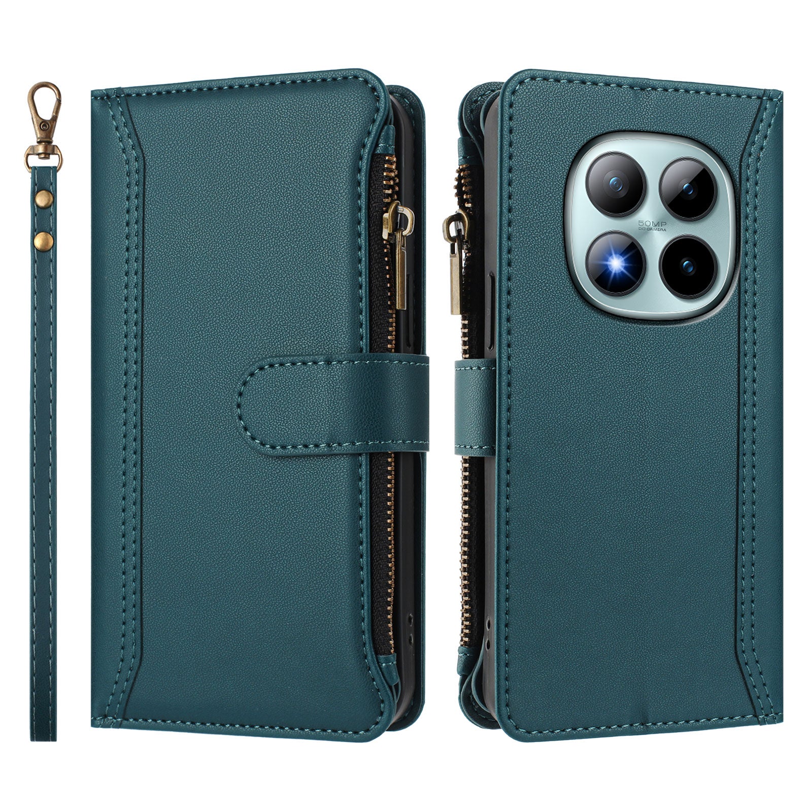For Xiaomi Poco M8 Pro 5G / Redmi Note 15 Pro+ 5G (Global) Leather Case 9 Card Slots Zipper Wallet Stand Phone Cover with Wrist Strap - Dark Green