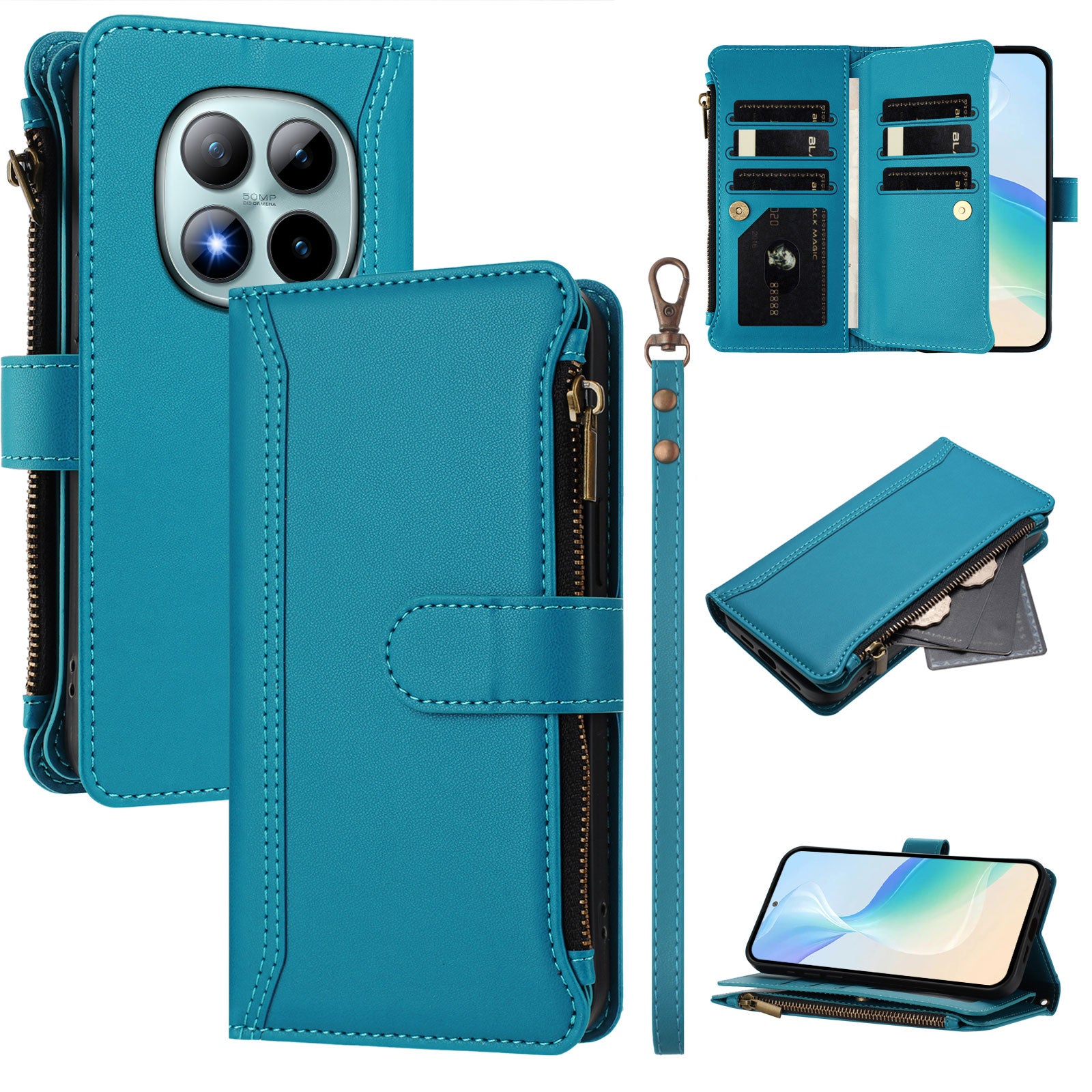 For Xiaomi Poco M8 Pro 5G / Redmi Note 15 Pro+ 5G (Global) Leather Case 9 Card Slots Zipper Wallet Stand Phone Cover with Wrist Strap - Lake Blue