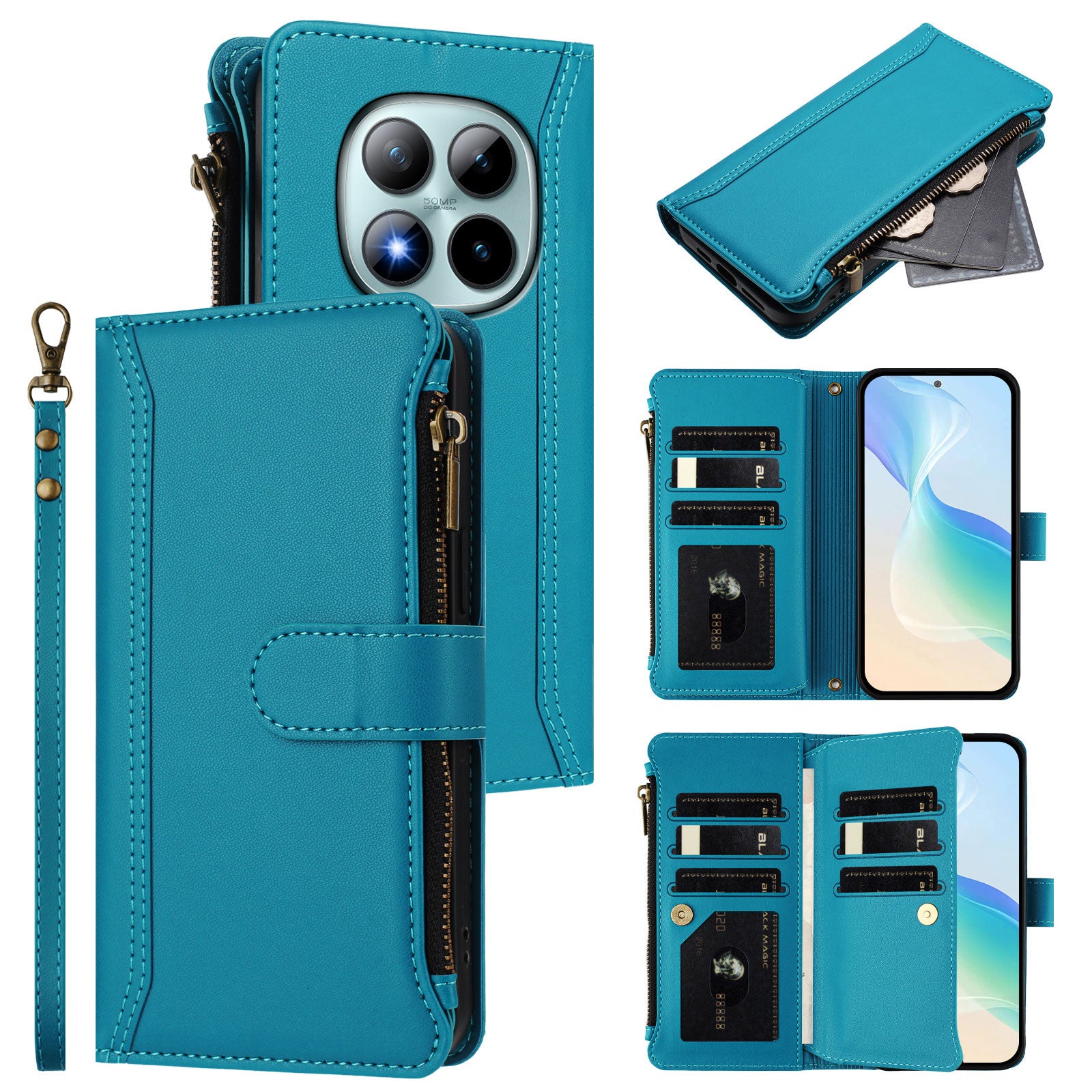 For Xiaomi Poco M8 Pro 5G / Redmi Note 15 Pro+ 5G (Global) Leather Case 9 Card Slots Zipper Wallet Stand Phone Cover with Wrist Strap - Lake Blue