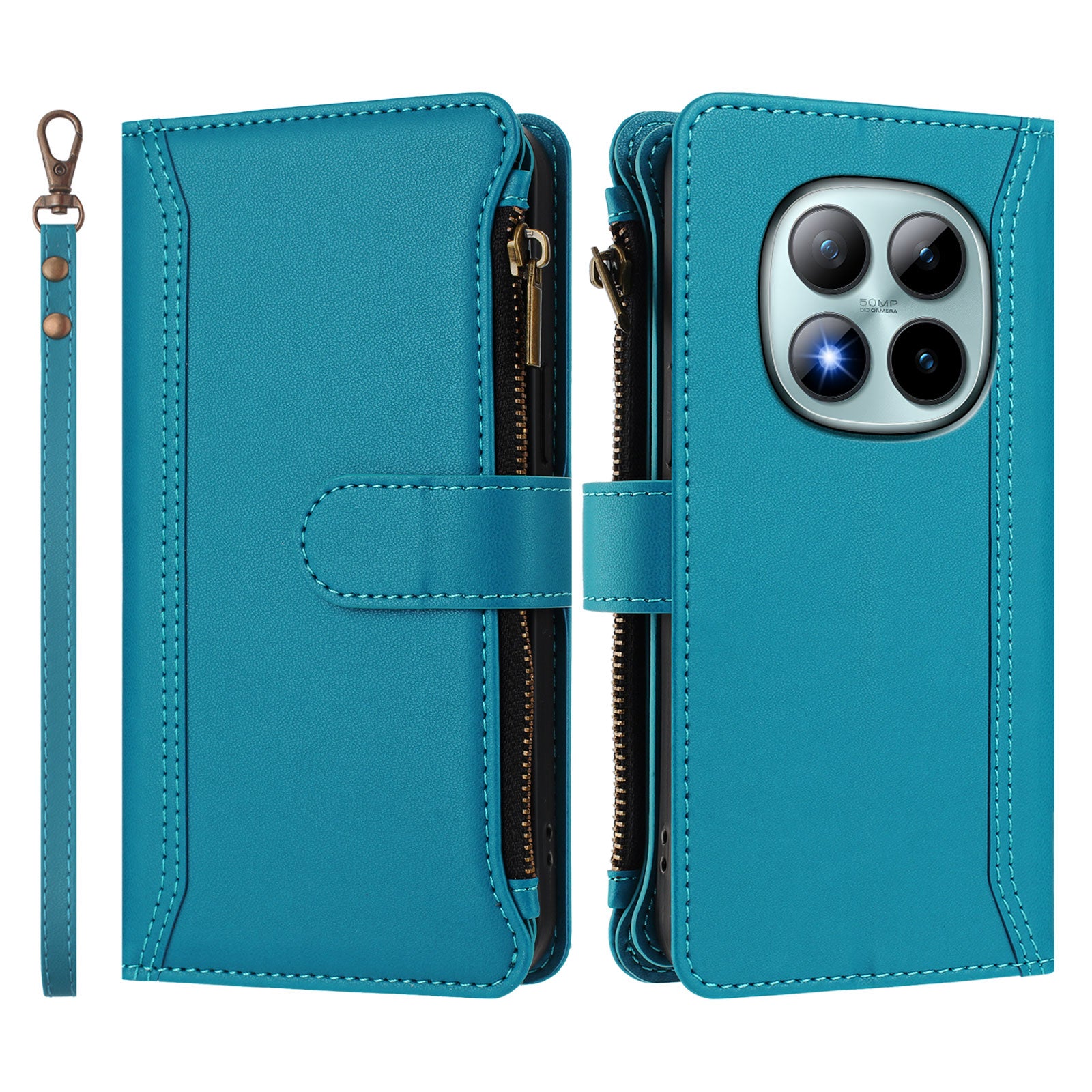 For Xiaomi Poco M8 Pro 5G / Redmi Note 15 Pro+ 5G (Global) Leather Case 9 Card Slots Zipper Wallet Stand Phone Cover with Wrist Strap - Lake Blue