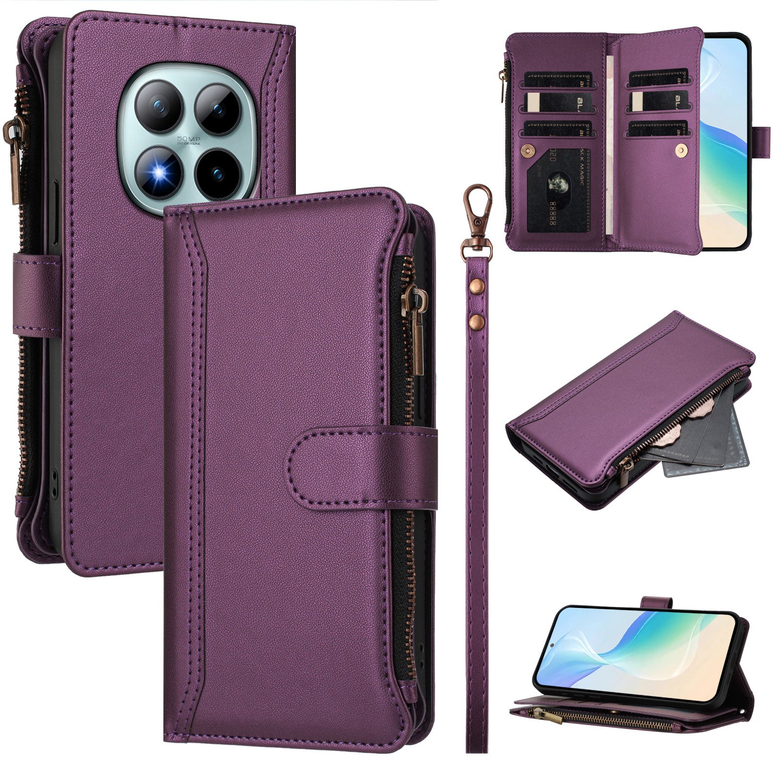 For Xiaomi Poco M8 Pro 5G / Redmi Note 15 Pro+ 5G (Global) Leather Case 9 Card Slots Zipper Wallet Stand Phone Cover with Wrist Strap - Purple