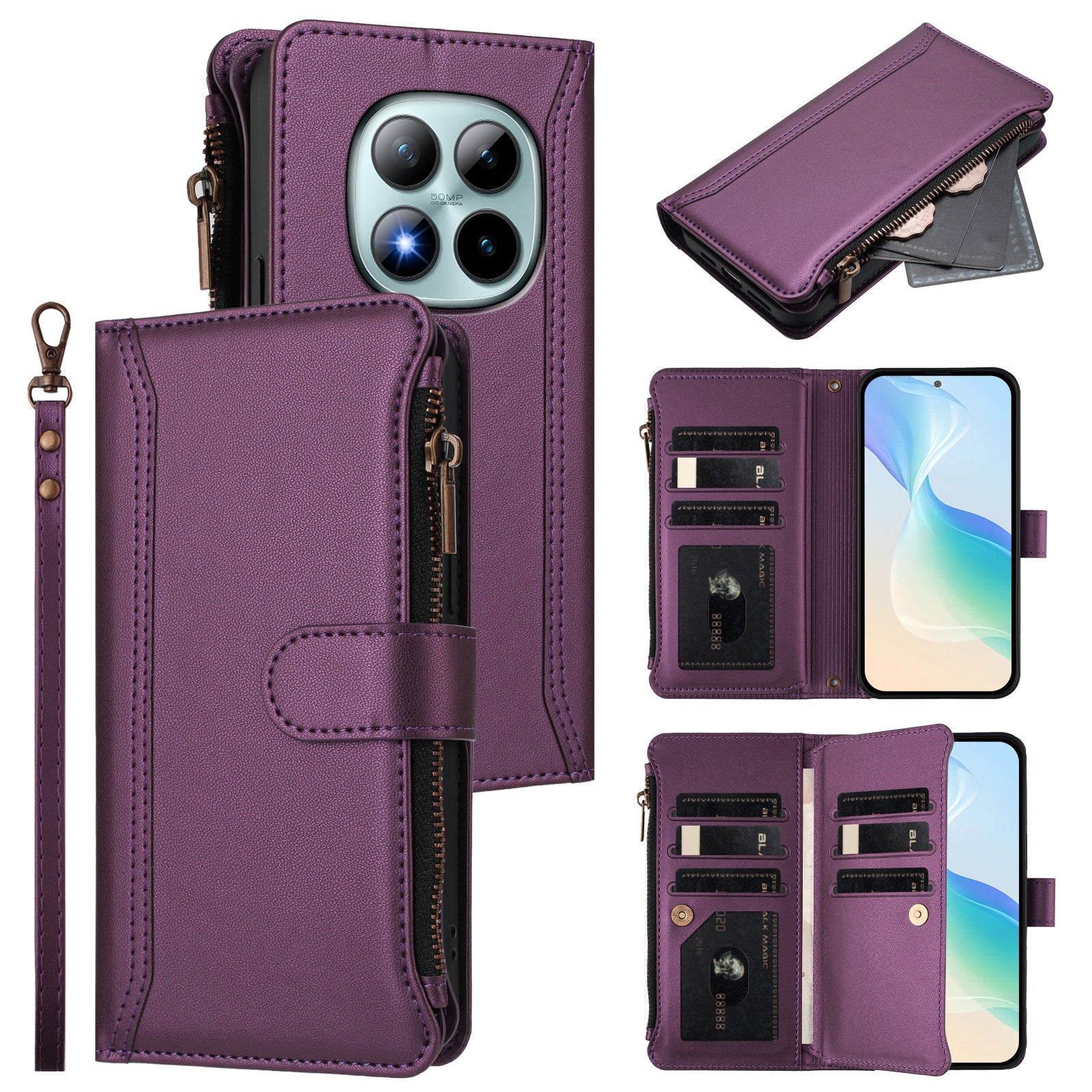 For Xiaomi Poco M8 Pro 5G / Redmi Note 15 Pro+ 5G (Global) Leather Case 9 Card Slots Zipper Wallet Stand Phone Cover with Wrist Strap - Purple