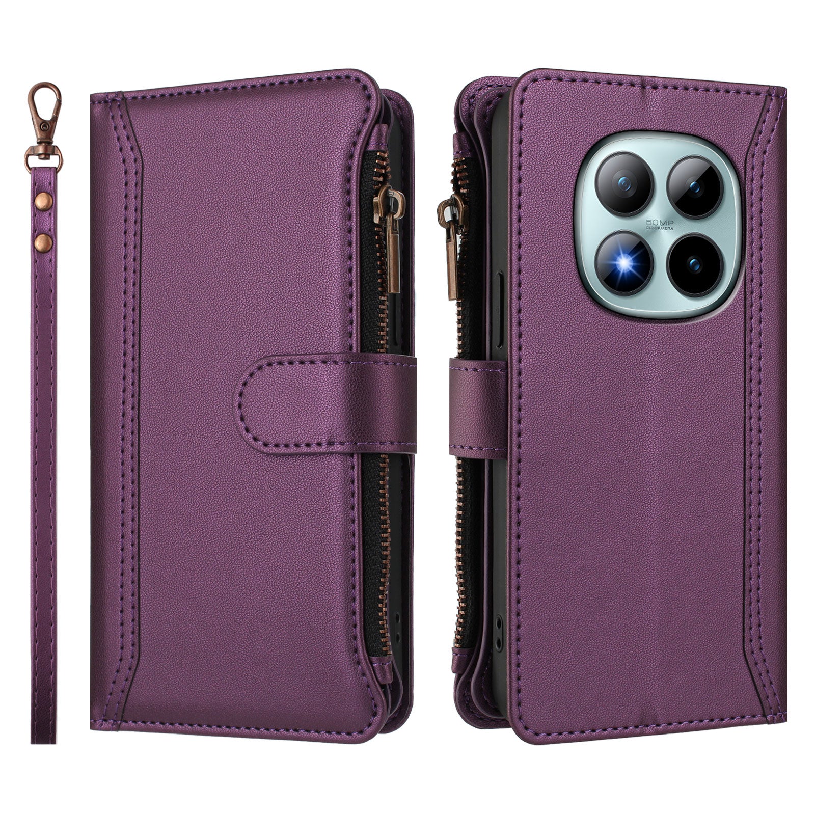 For Xiaomi Poco M8 Pro 5G / Redmi Note 15 Pro+ 5G (Global) Leather Case 9 Card Slots Zipper Wallet Stand Phone Cover with Wrist Strap - Purple