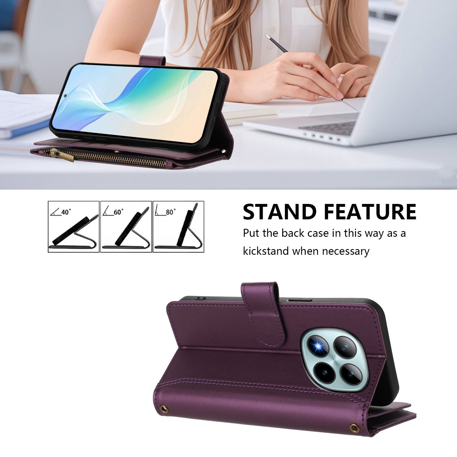 For Xiaomi Poco M8 Pro 5G / Redmi Note 15 Pro+ 5G (Global) Leather Case 9 Card Slots Zipper Wallet Stand Phone Cover with Wrist Strap - Purple