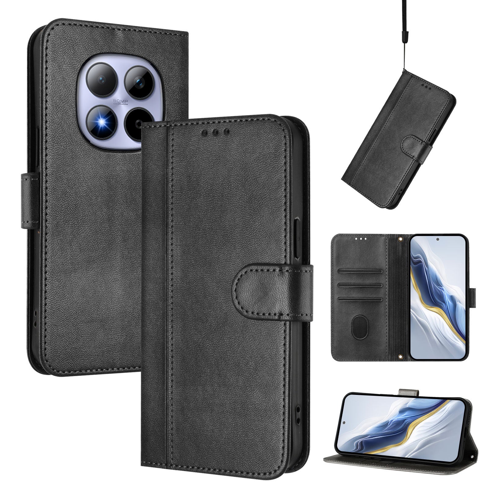For Xiaomi Redmi Note 15 Pro 5G (Global) Cases Wallet Stand Retro Texture Leather Phone Cover with Lanyard - Black