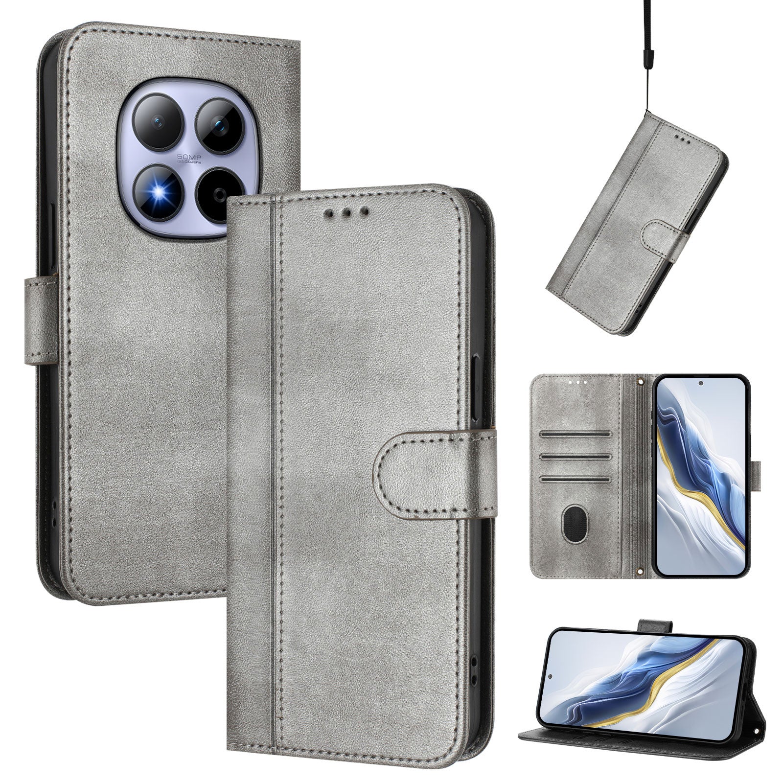 For Xiaomi Redmi Note 15 Pro 5G (Global) Cases Wallet Stand Retro Texture Leather Phone Cover with Lanyard - Grey