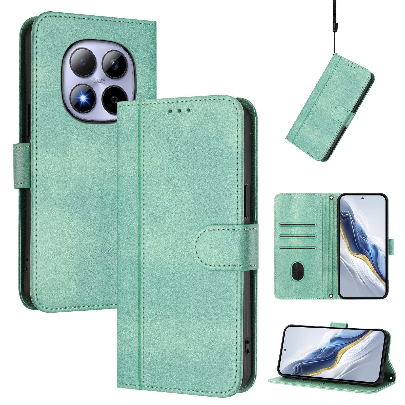 For Xiaomi Redmi Note 15 Pro 5G (Global) Cases Wallet Stand Retro Texture Leather Phone Cover with Lanyard - Mint Green