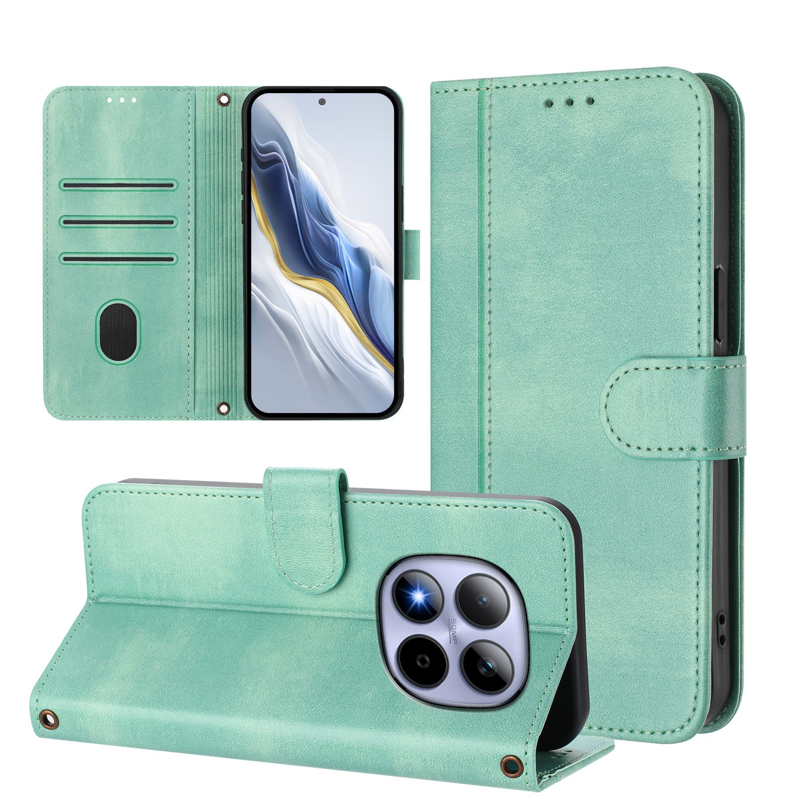 For Xiaomi Redmi Note 15 Pro 5G (Global) Cases Wallet Stand Retro Texture Leather Phone Cover with Lanyard - Mint Green