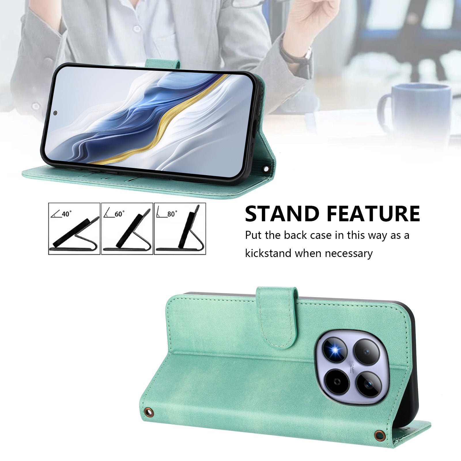 For Xiaomi Redmi Note 15 Pro 5G (Global) Cases Wallet Stand Retro Texture Leather Phone Cover with Lanyard - Mint Green