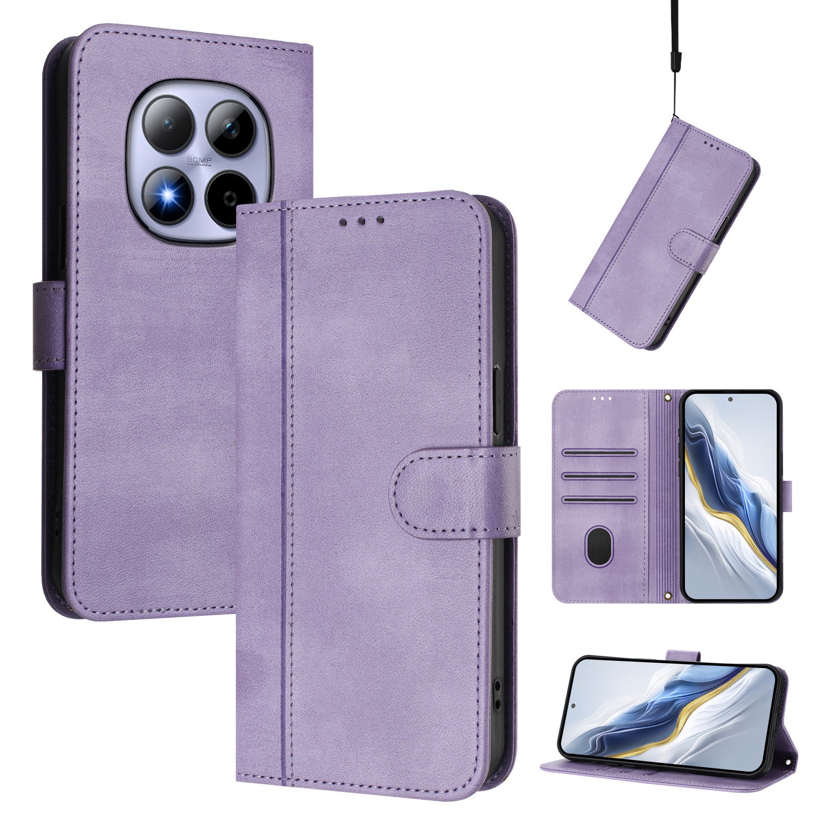 For Xiaomi Redmi Note 15 Pro 5G (Global) Cases Wallet Stand Retro Texture Leather Phone Cover with Lanyard - Light Purple