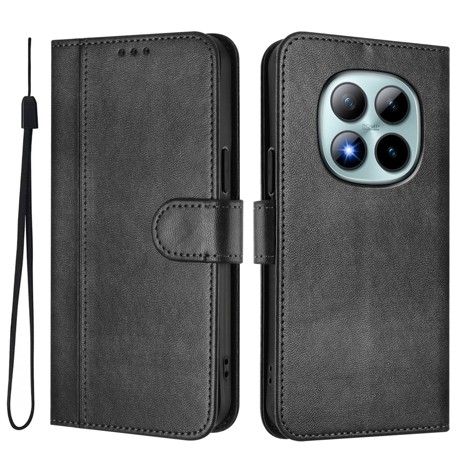 For Xiaomi Poco M8 Pro 5G / Redmi Note 15 Pro+ 5G (Global) Cases Wallet Stand Retro Texture Leather Phone Cover with Lanyard - Black