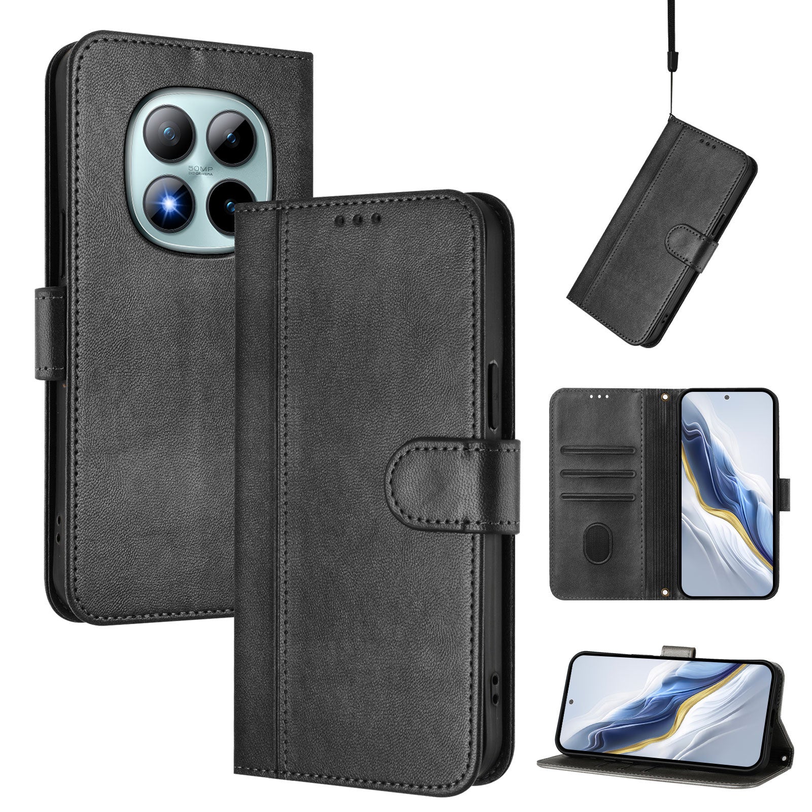 For Xiaomi Poco M8 Pro 5G / Redmi Note 15 Pro+ 5G (Global) Cases Wallet Stand Retro Texture Leather Phone Cover with Lanyard - Black
