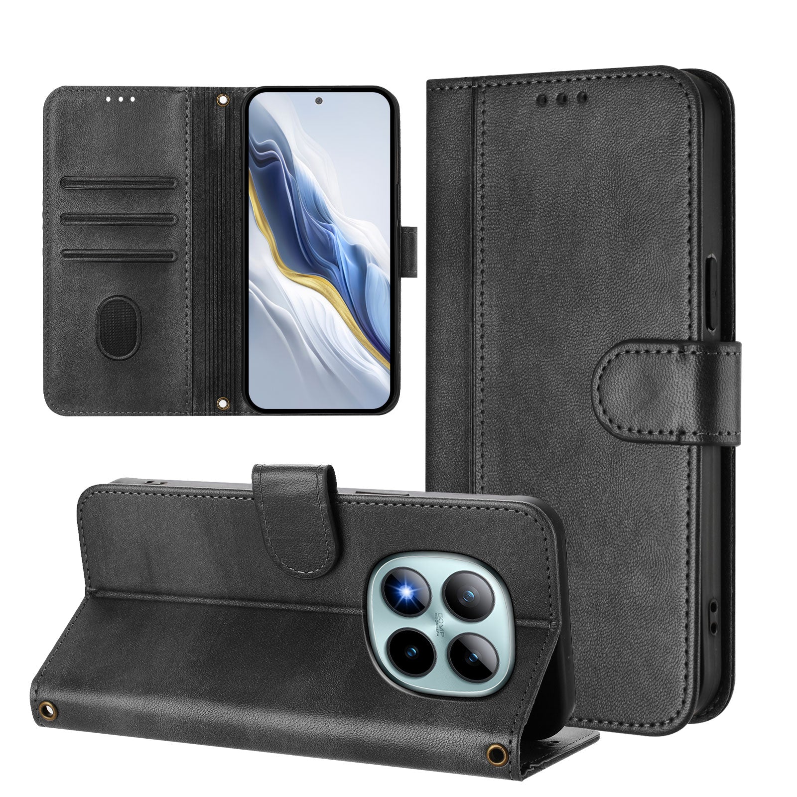 For Xiaomi Poco M8 Pro 5G / Redmi Note 15 Pro+ 5G (Global) Cases Wallet Stand Retro Texture Leather Phone Cover with Lanyard - Black