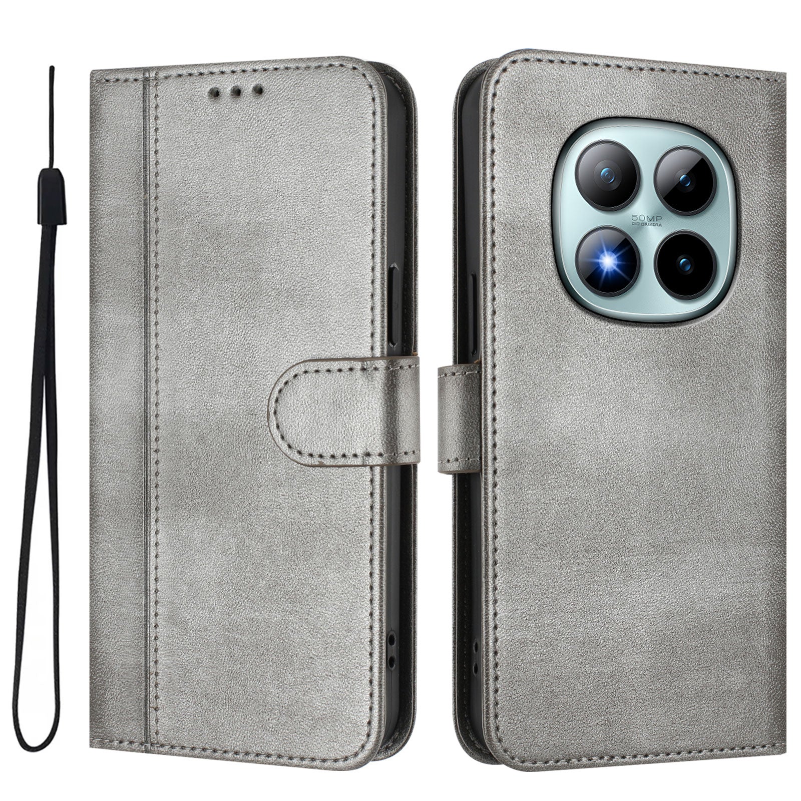For Xiaomi Poco M8 Pro 5G / Redmi Note 15 Pro+ 5G (Global) Cases Wallet Stand Retro Texture Leather Phone Cover with Lanyard - Grey