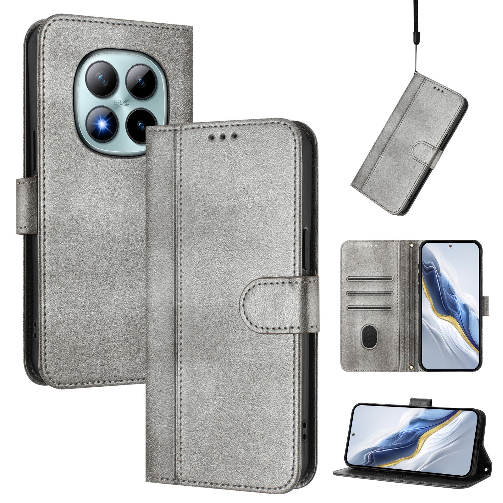 For Xiaomi Poco M8 Pro 5G / Redmi Note 15 Pro+ 5G (Global) Cases Wallet Stand Retro Texture Leather Phone Cover with Lanyard - Grey