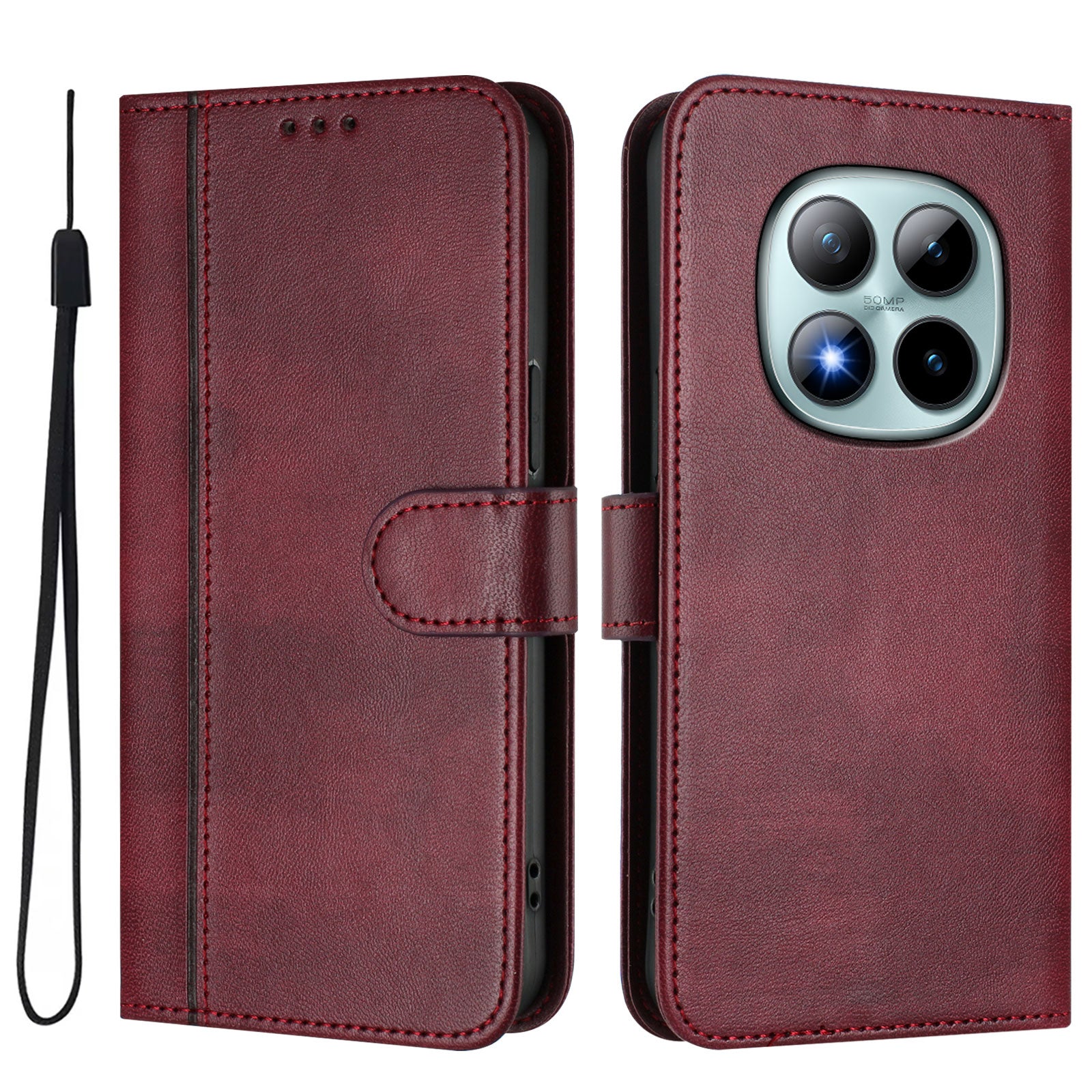 For Xiaomi Poco M8 Pro 5G / Redmi Note 15 Pro+ 5G (Global) Cases Wallet Stand Retro Texture Leather Phone Cover with Lanyard - Wine Red