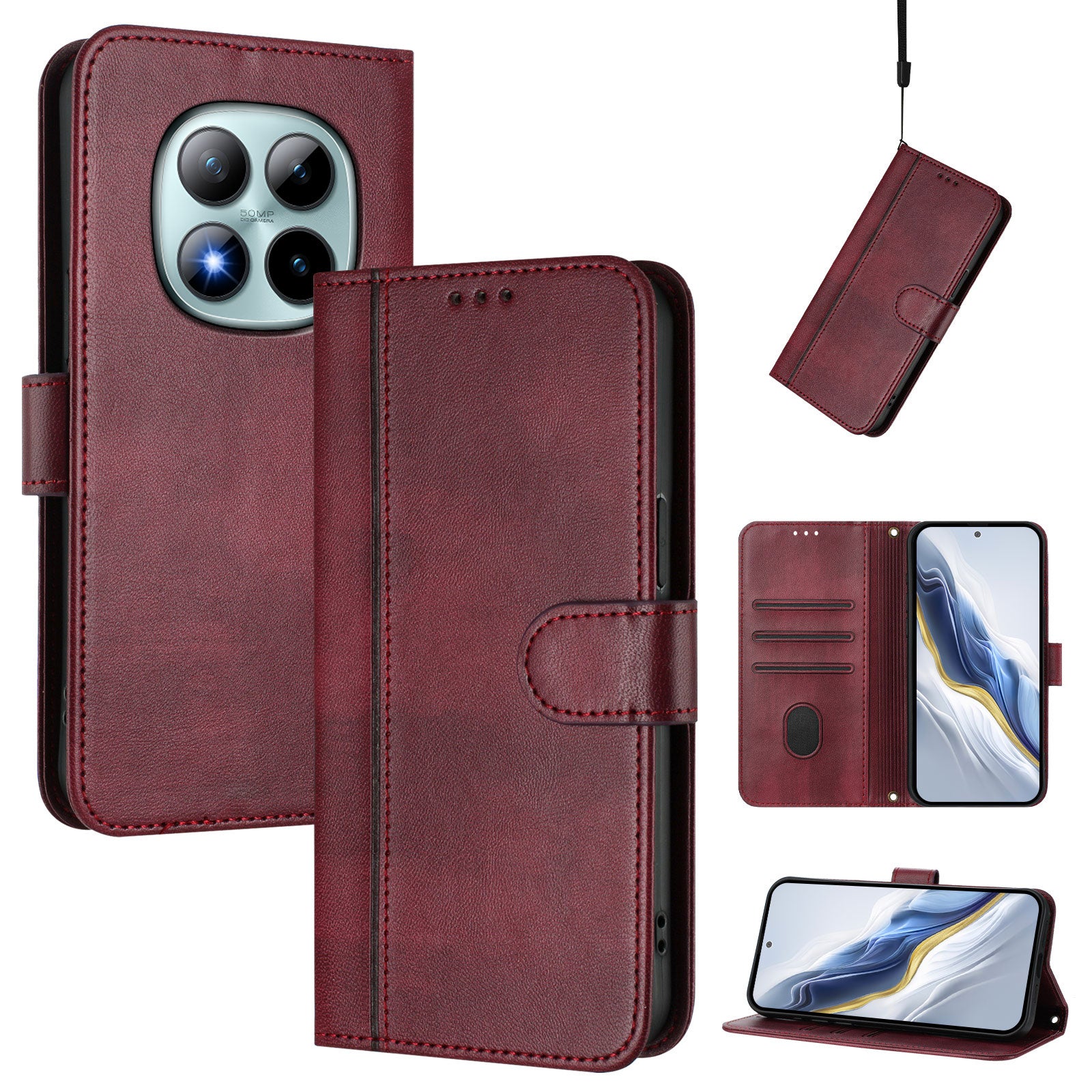 For Xiaomi Poco M8 Pro 5G / Redmi Note 15 Pro+ 5G (Global) Cases Wallet Stand Retro Texture Leather Phone Cover with Lanyard - Wine Red