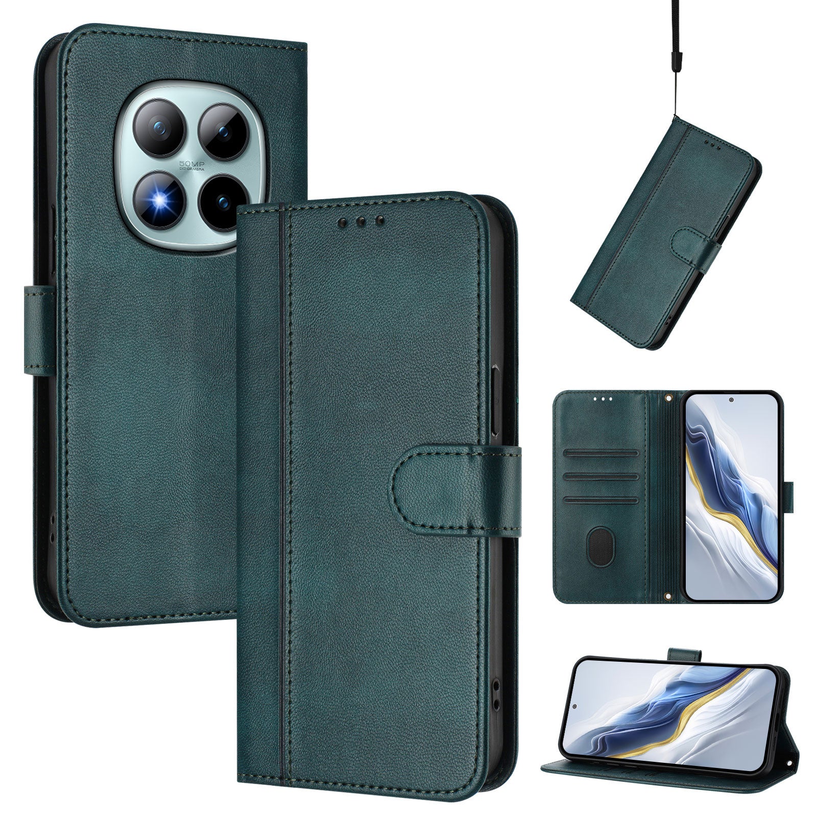 For Xiaomi Poco M8 Pro 5G / Redmi Note 15 Pro+ 5G (Global) Cases Wallet Stand Retro Texture Leather Phone Cover with Lanyard - Dark Green
