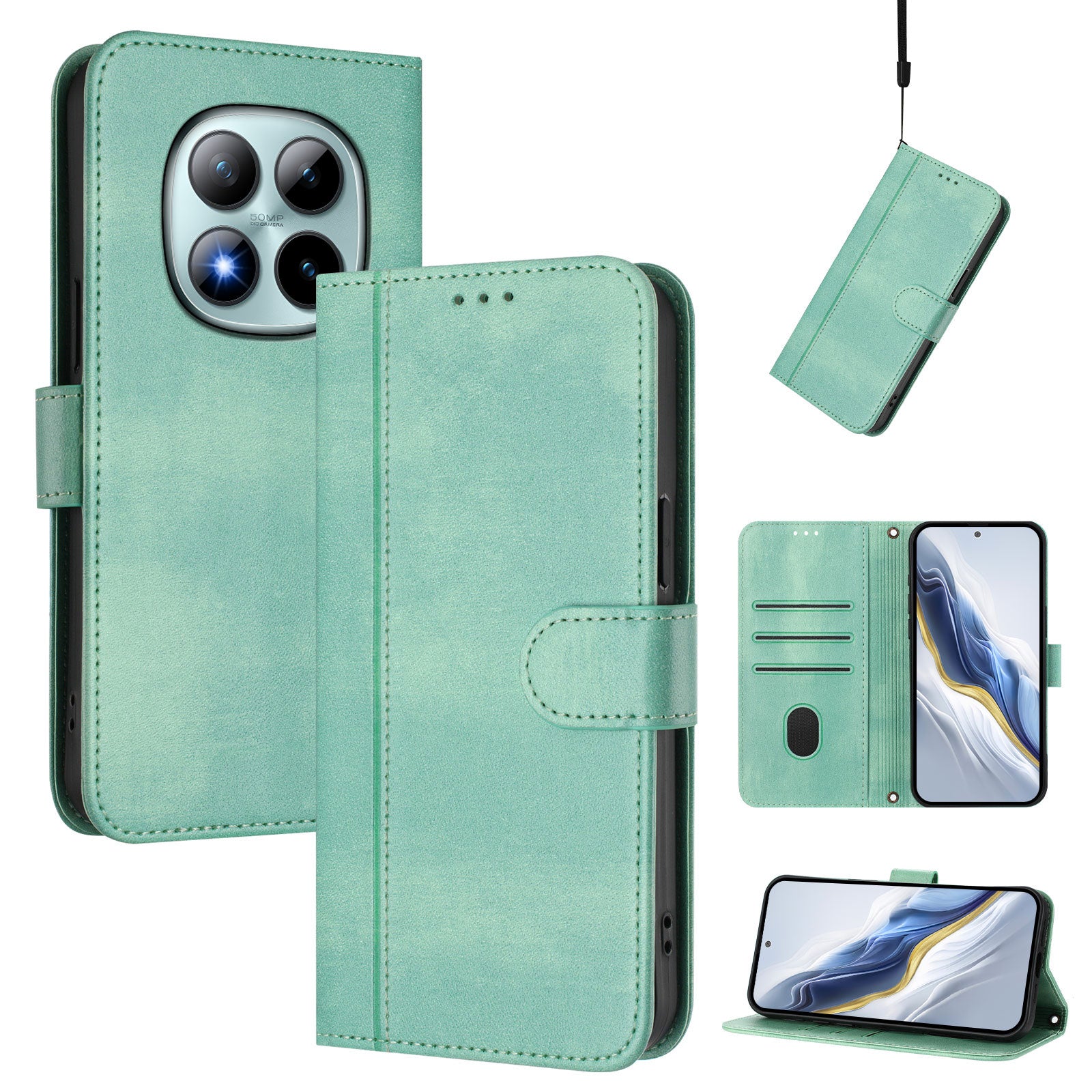 For Xiaomi Poco M8 Pro 5G / Redmi Note 15 Pro+ 5G (Global) Cases Wallet Stand Retro Texture Leather Phone Cover with Lanyard - Mint Green